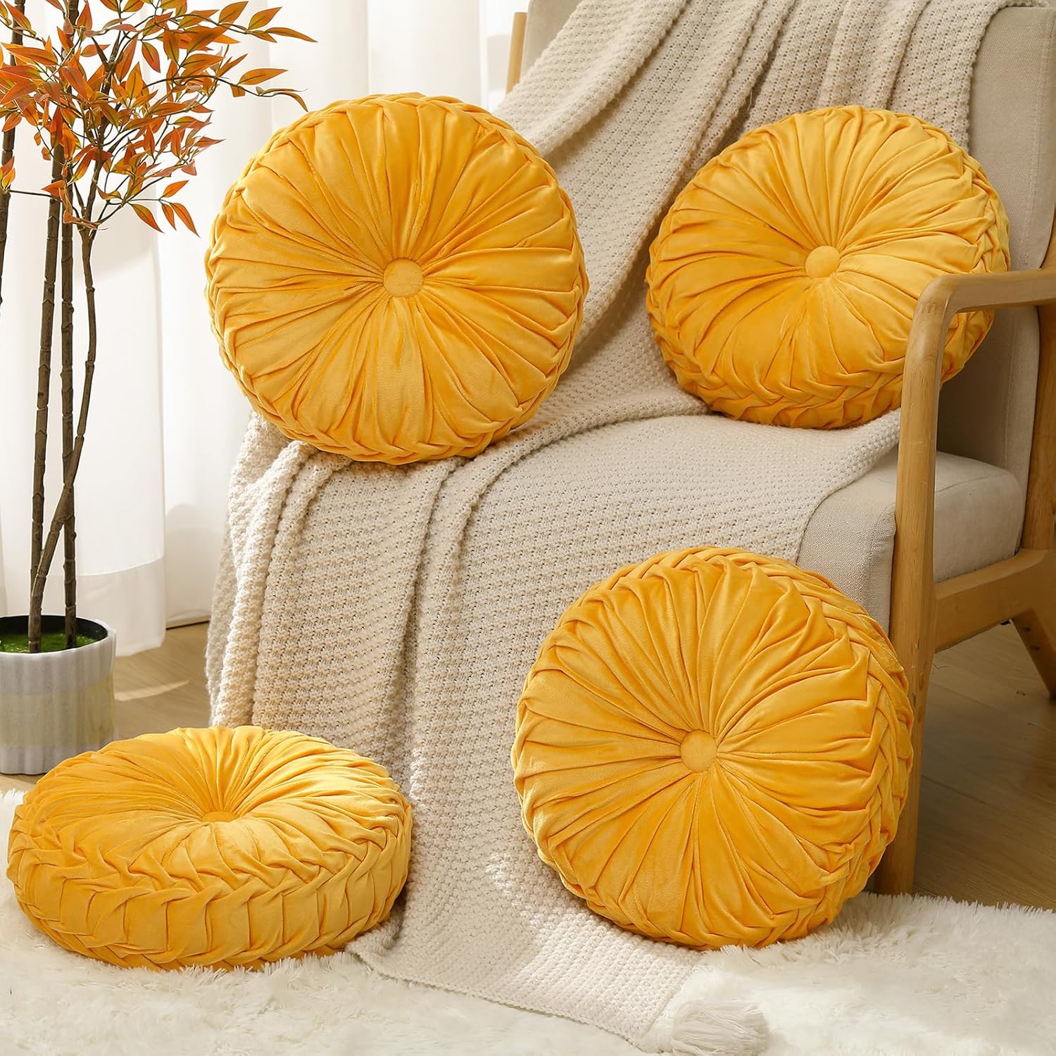 Beeveer 4 Pcs Round Throw Pillows 15 Inch Decorative Velvet Pleated Pumpkin Pillows Boho Floor Pillow with Center Button for Living Room Couch Chair Bed Sofa Home Decoration (Yellow)