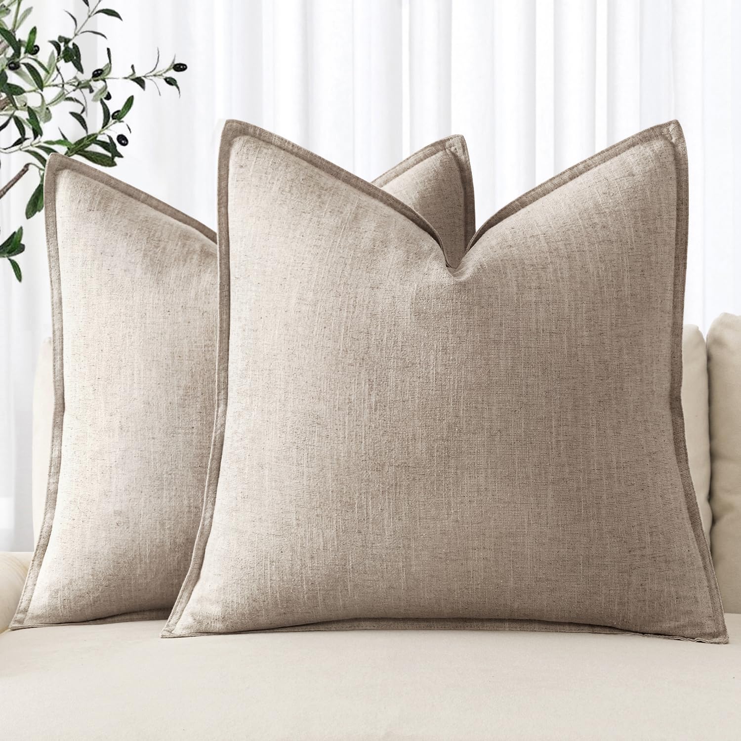 MIULEE Decorative Linen Pillow Covers 20x20 Inch Natural Beige Boho Farmhouse Neutral Couch Throw Pillows for Bed Pack of 2 Accent Modern Pillowcase Sofa Livingroom Home Decor