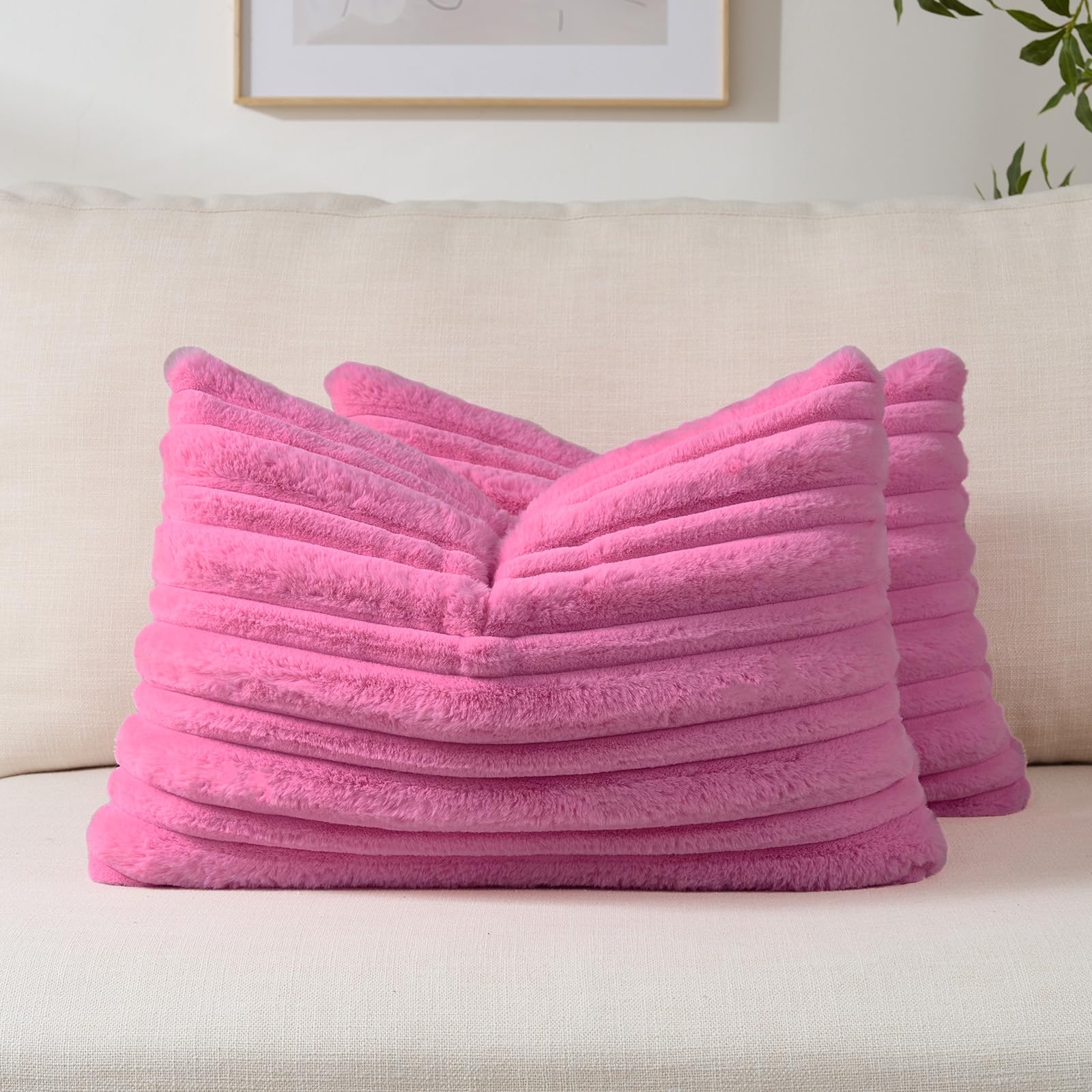 FUTEI Camel Decorative Throw Pillow Covers 18x18 Inch Set of 2,Soft Fluffy Faux Rabbit Fur Thick & Thin Striped Textured Cushion Case,Modern Home Decor for Couch Bed Living Room