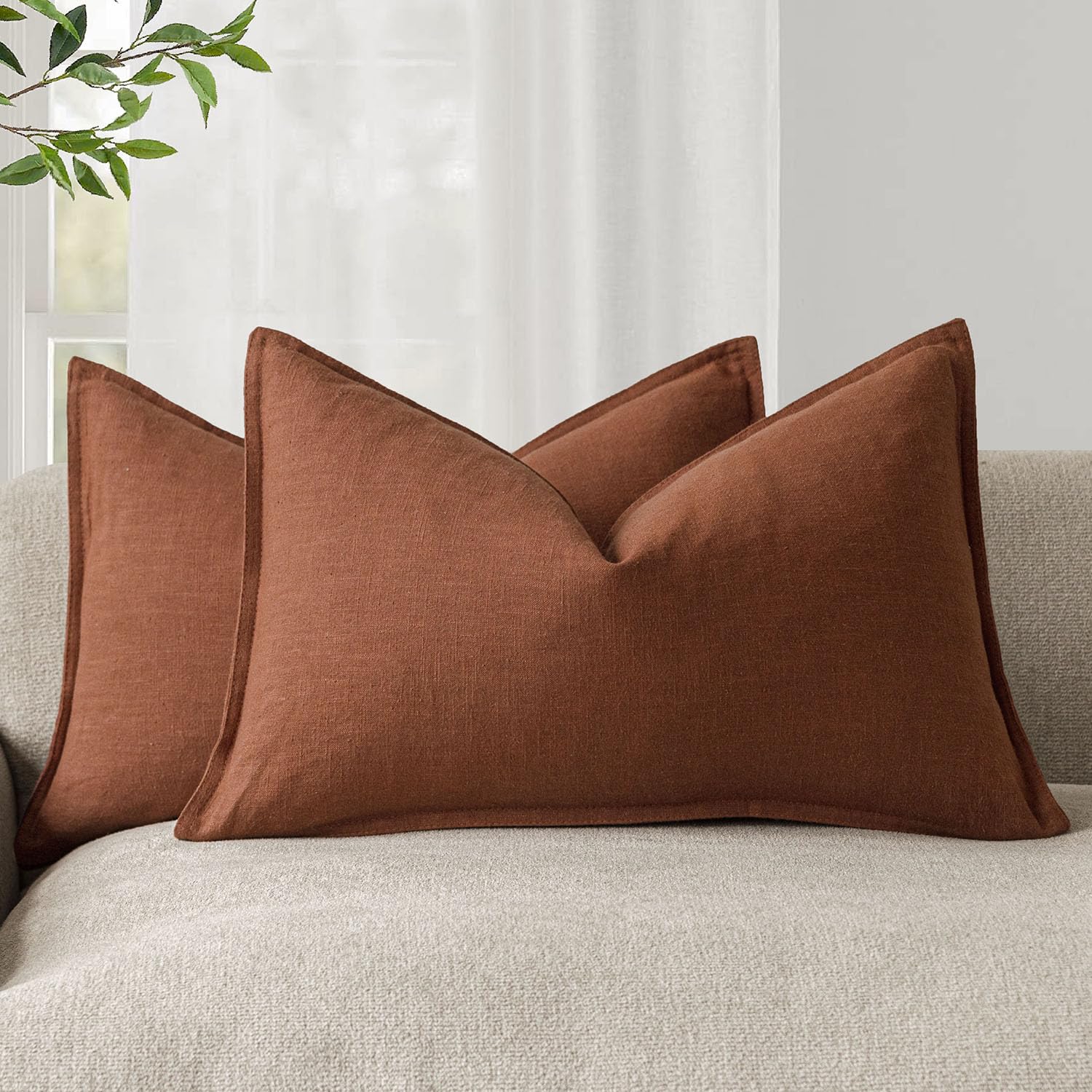 Foindtower Set of 2, Decorative Linen Soild Throw Pillow Covers Soft Accent Cushion Euro Case Boho Farmhouse Pillowcase for Chair Couch Sofa Bedroom Living Room Home Decor 20 x 20 Inch Natural Linen