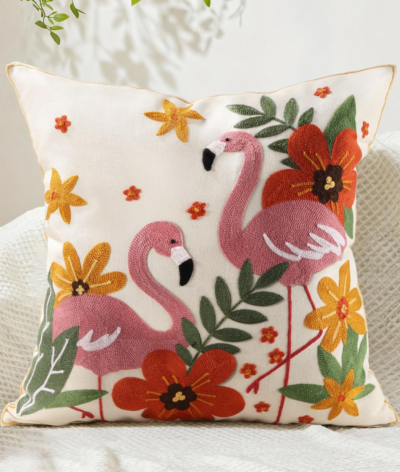 Embroidered Throw Pillow Cover 18x18 Inch - Spring Boho Decorative Pillow Covers with Zipper for Couch Sofa Bedroom Living Room Cushion Pillowcase, Birds Leaves