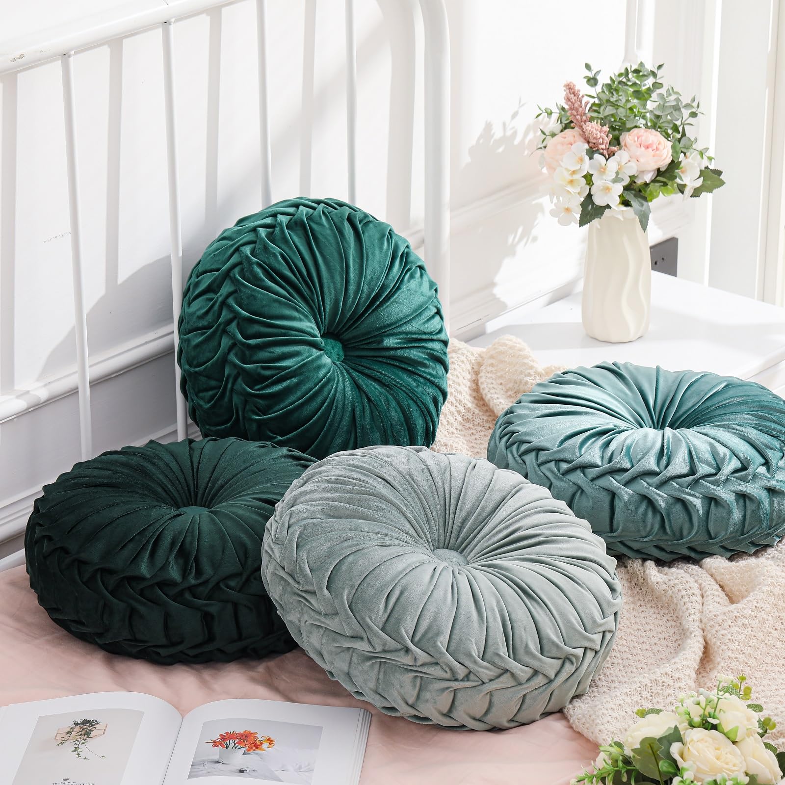 Drydiet 1 Pcs Round Throw Velvet Pillows Decorative Pleated Throw Pillows 15'' Diameter Accent Pumpkin Boho Chair Cushion for Couch Sofa Home Decoration (Olive Green)