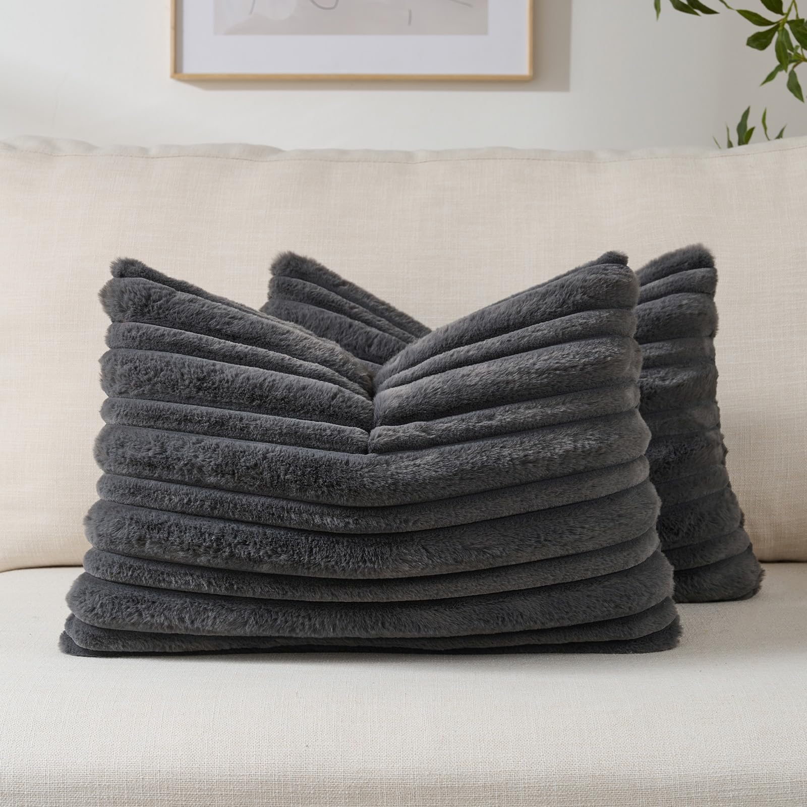 FUTEI Camel Decorative Throw Pillow Covers 18x18 Inch Set of 2,Soft Fluffy Faux Rabbit Fur Thick & Thin Striped Textured Cushion Case,Modern Home Decor for Couch Bed Living Room