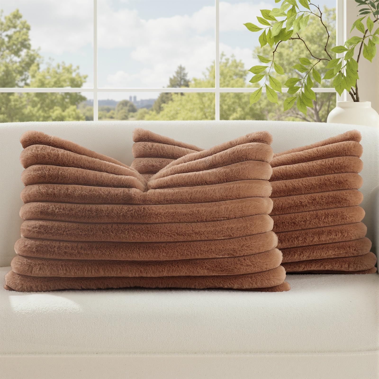 decorUhome Cozy Faux Fur Throw Pillow Covers 18x18 Set of 2 Decorative Soft Plush Striped Modern Farmhouse Boho Couch Pillow Cases with Velvet Back for Sofa Bed Living Room, Khaki Brown