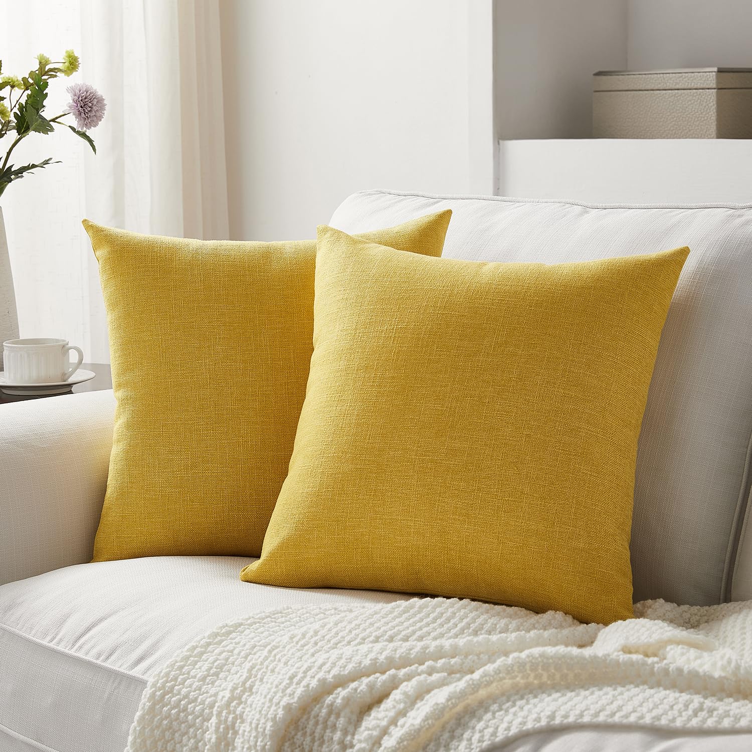 Meekio Set of 2 Ivory Throw Pillow Covers 22x22, Modern Farmhouse Linen Blend Decorative Pillow Covers for Couch Sofa Bed, Neutral Home Decor