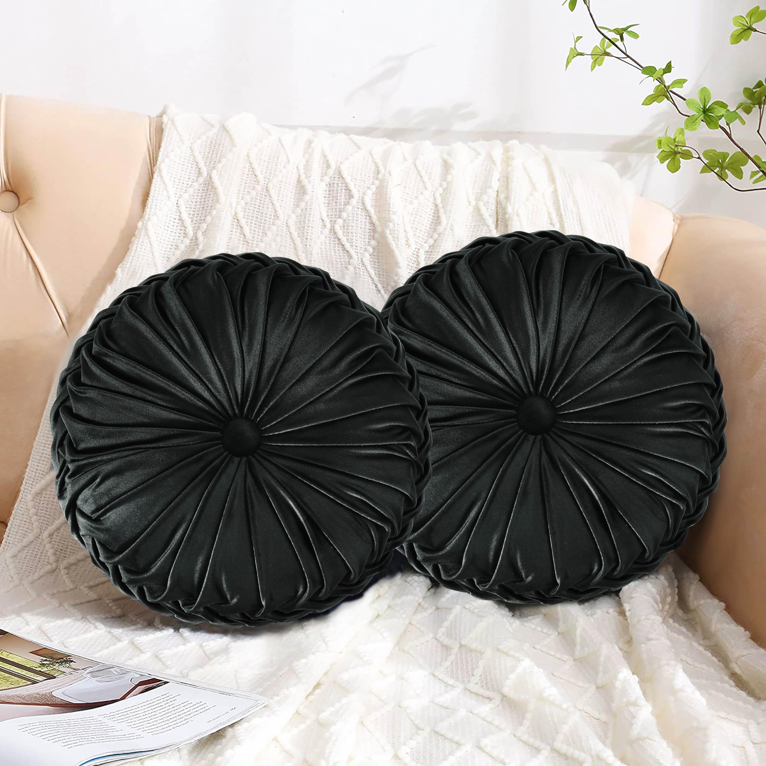 HIG Set of 2 Yellow Ruched Velvet Round Throw Pillows – 14.5’’ Decorative Pillows with Soft Polyester Filling for Couch, Bed, Living Room, Bedroom, or Dorm – Handmade, Stress Relieving, All-Season