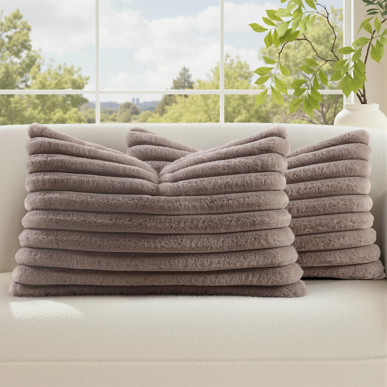 decorUhome Cozy Faux Fur Throw Pillow Covers 18x18 Set of 2 Decorative Soft Plush Striped Modern Farmhouse Boho Couch Pillow Cases with Velvet Back for Sofa Bed Living Room, Khaki Brown