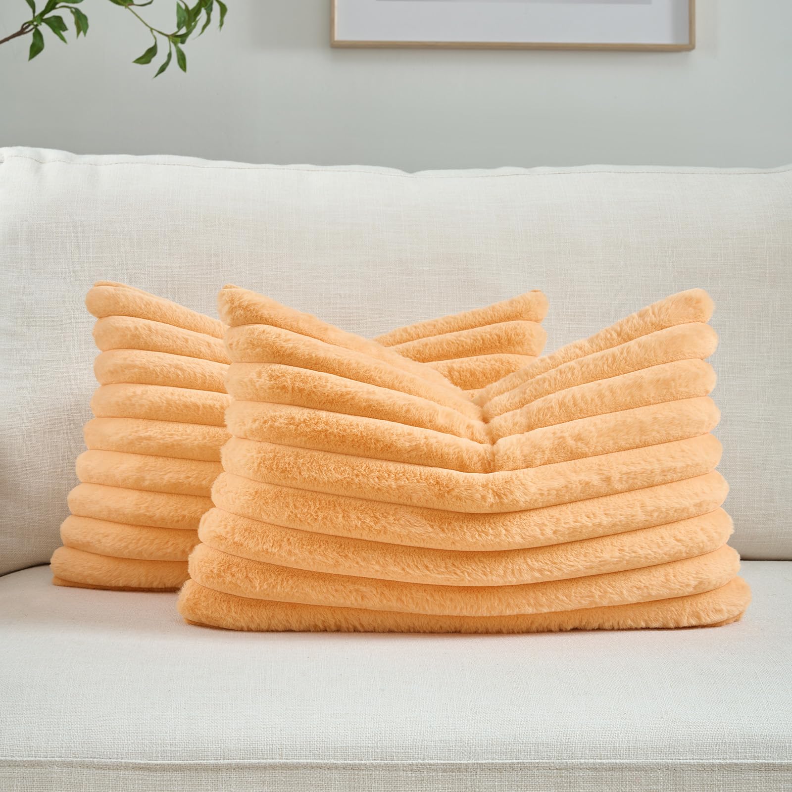 FUTEI Pack of 2 Solid Faux Fur Plush Throw Pillow Covers 18x18 Inch Soft Fluffy Striped Decorative Cushion Cases Modern Farmhouse Accent for Couch Bed Living Room, Cream White