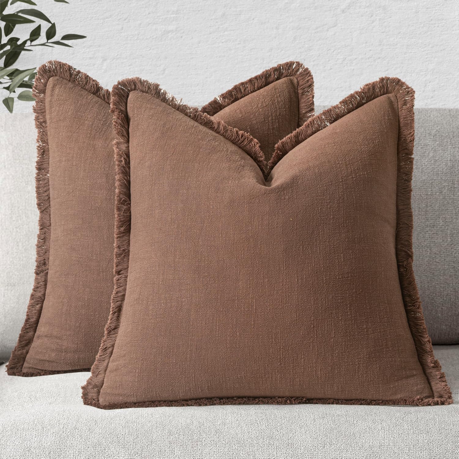 MIULEE Decorative Throw Pillow Covers Neutral Linen Fringe Throw Pillows Set of 2 Natural Beige Boho Farmhouse Cushion Covers with Tassels for Couch Sofa Bed Spring Home Decor 20x20 Inch