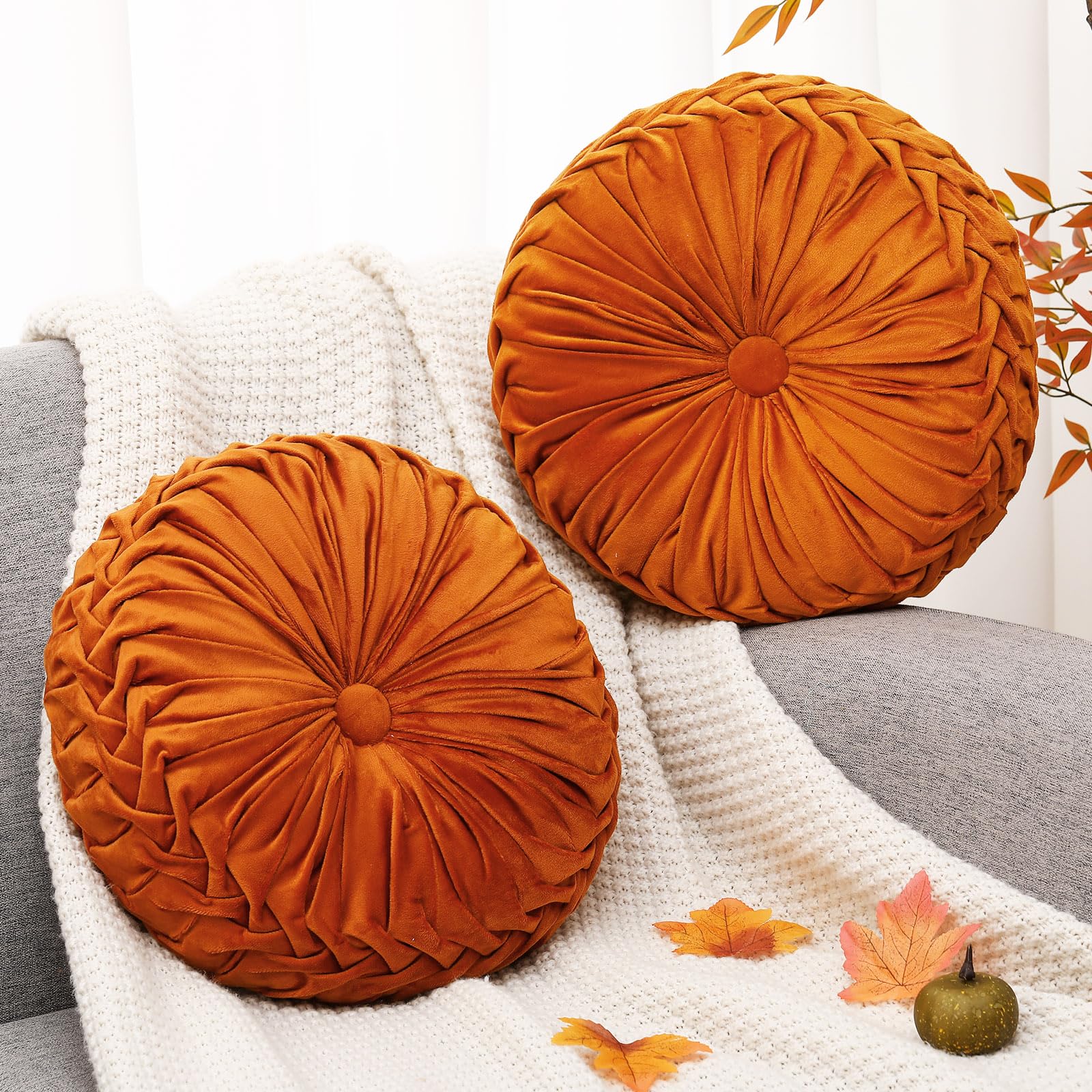Beeveer 2 Pcs Round Throw Pillows 15 Inch Decorative Velvet Pleated Pumpkin Pillows Boho Floor Pillow with Center Button for Living Room Couch Chair Bed Sofa Home Decoration (Ivory)