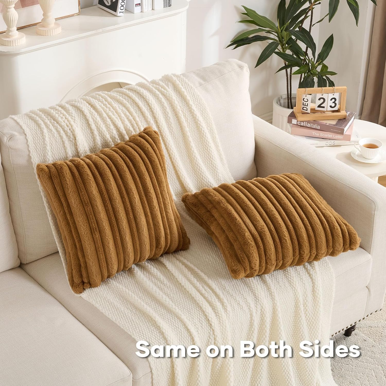 FUTEI Camel Decorative Throw Pillow Covers 18x18 Inch Set of 2,Soft Fluffy Faux Rabbit Fur Thick & Thin Striped Textured Cushion Case,Modern Home Decor for Couch Bed Living Room
