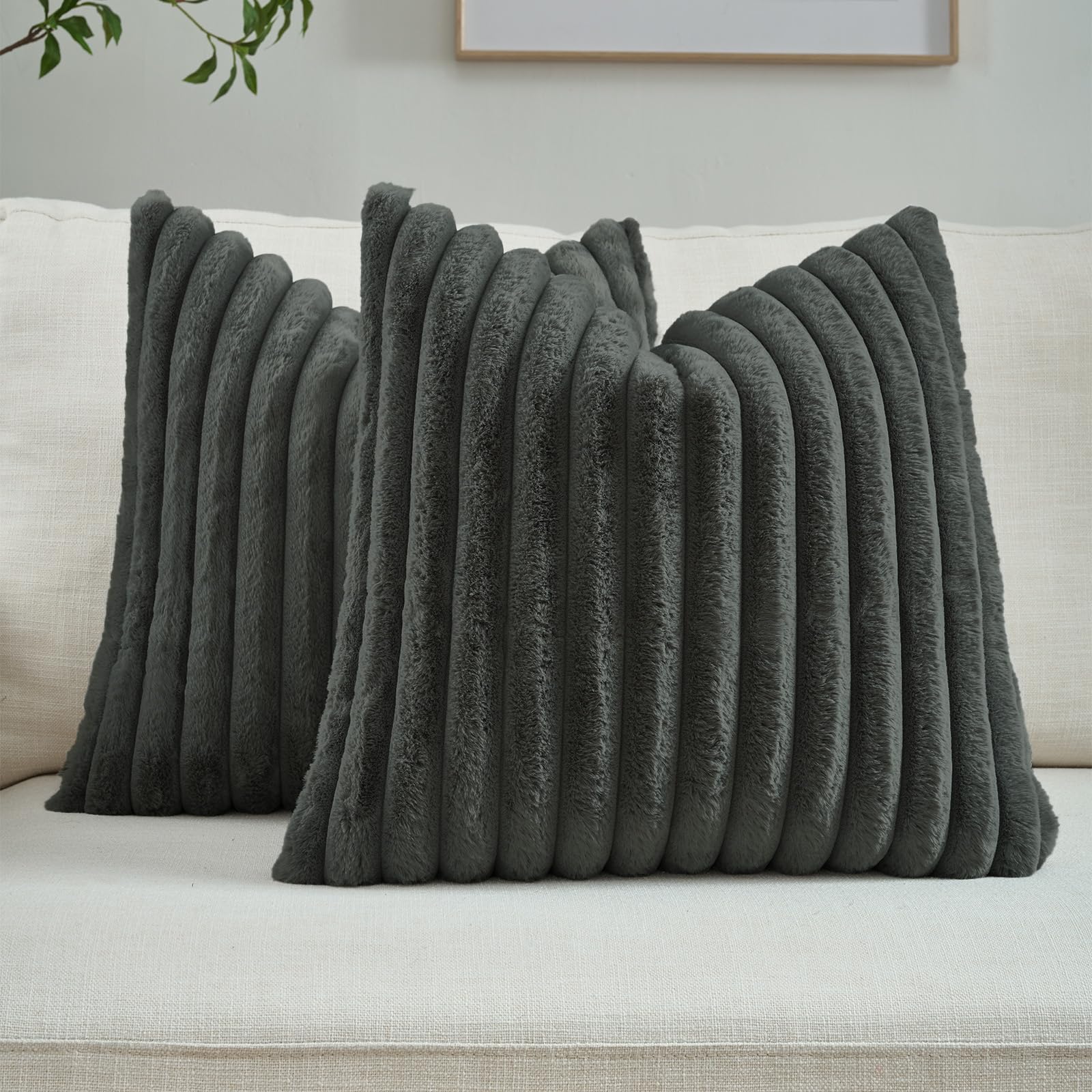 FUTEI Pack of 2 Solid Faux Fur Plush Throw Pillow Covers 18x18 Inch Soft Fluffy Striped Decorative Cushion Cases Modern Farmhouse Accent for Couch Bed Living Room, Cream White