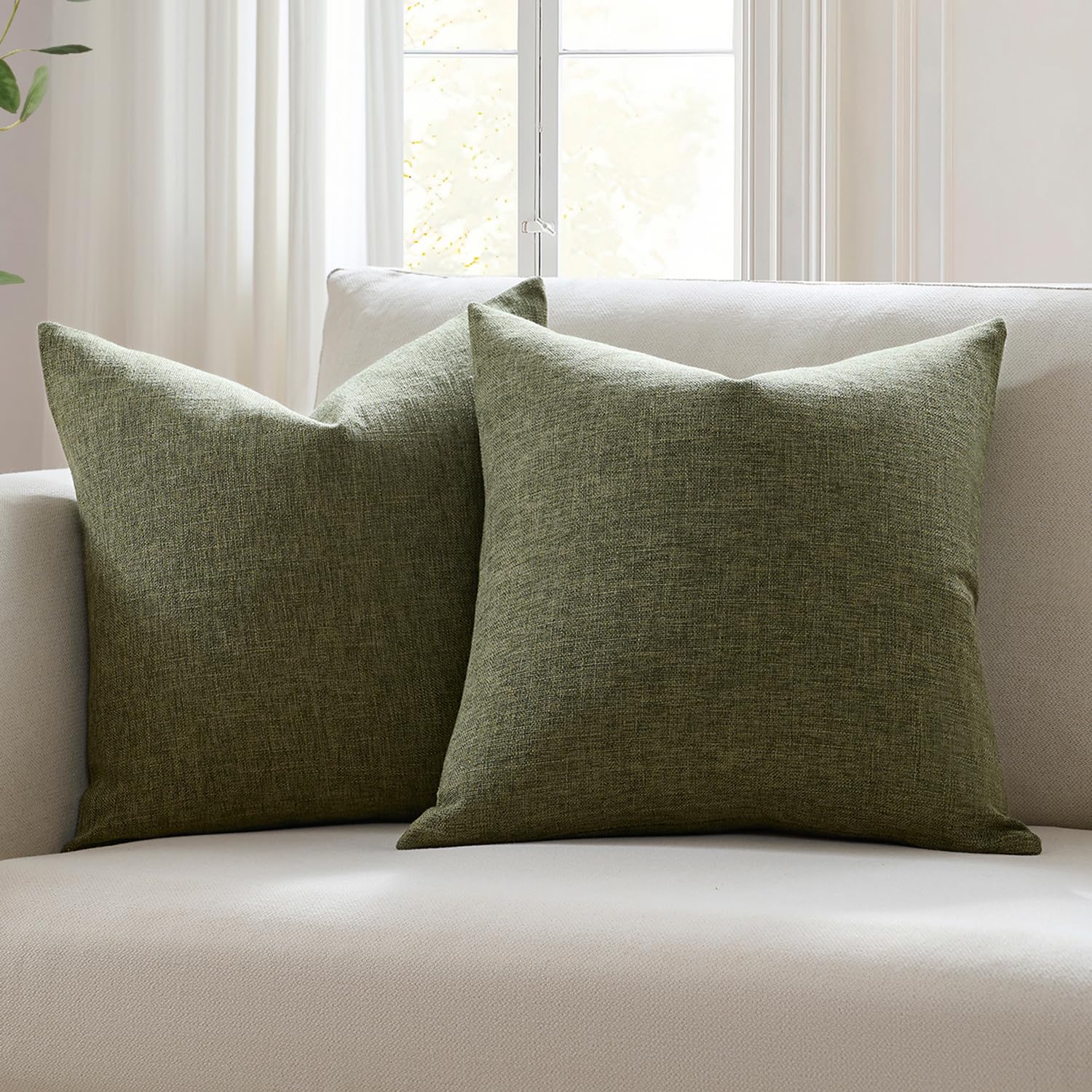 Meekio Set of 2 Ivory Throw Pillow Covers 22x22, Modern Farmhouse Linen Blend Decorative Pillow Covers for Couch Sofa Bed, Neutral Home Decor