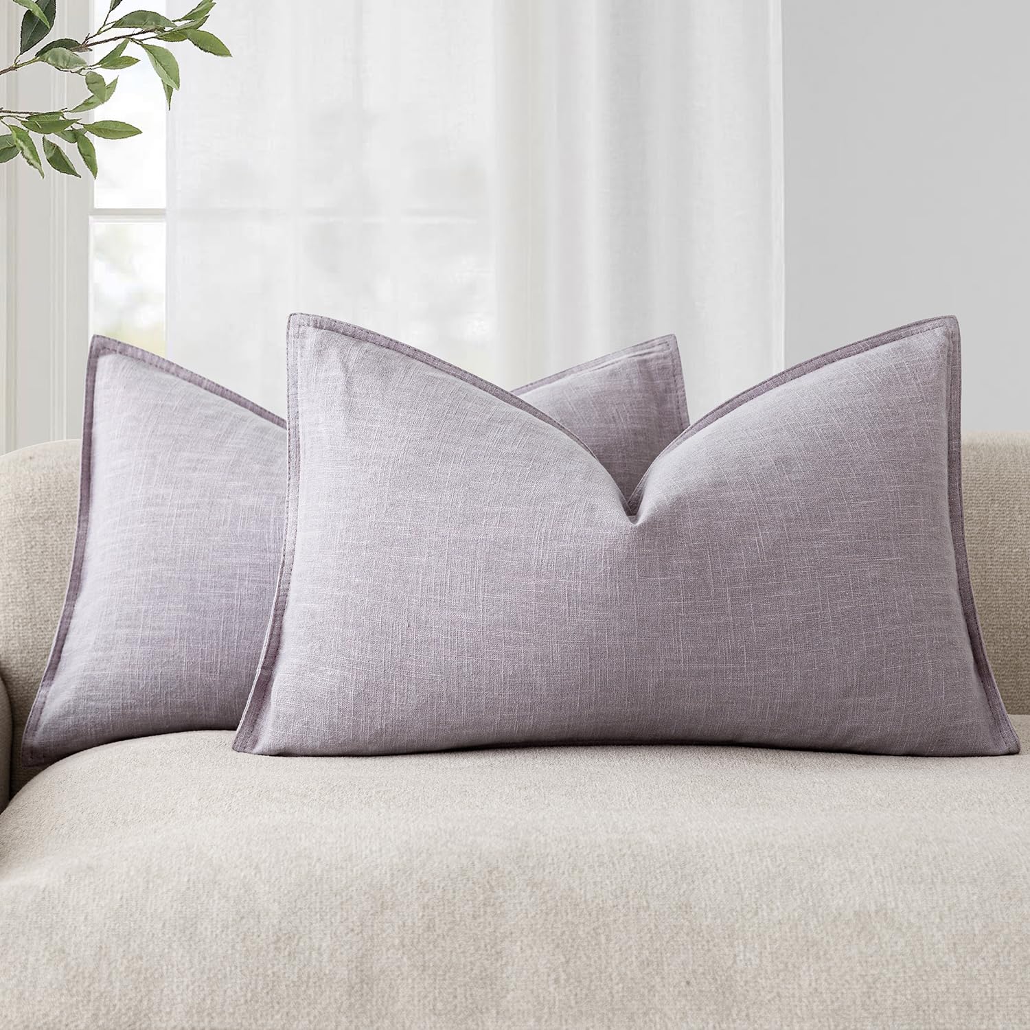 Foindtower Set of 2, Decorative Linen Soild Throw Pillow Covers Soft Accent Cushion Euro Case Boho Farmhouse Pillowcase for Chair Couch Sofa Bedroom Living Room Home Decor 20 x 20 Inch Natural Linen
