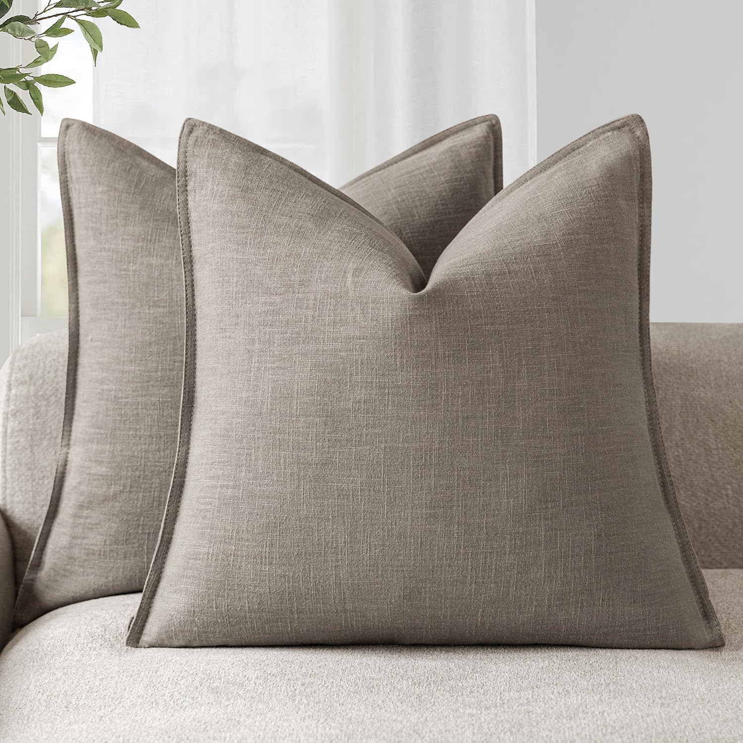 Foindtower Set of 2, Decorative Linen Soild Throw Pillow Covers Soft Accent Cushion Euro Case Boho Farmhouse Pillowcase for Chair Couch Sofa Bedroom Living Room Home Decor 20 x 20 Inch Natural Linen