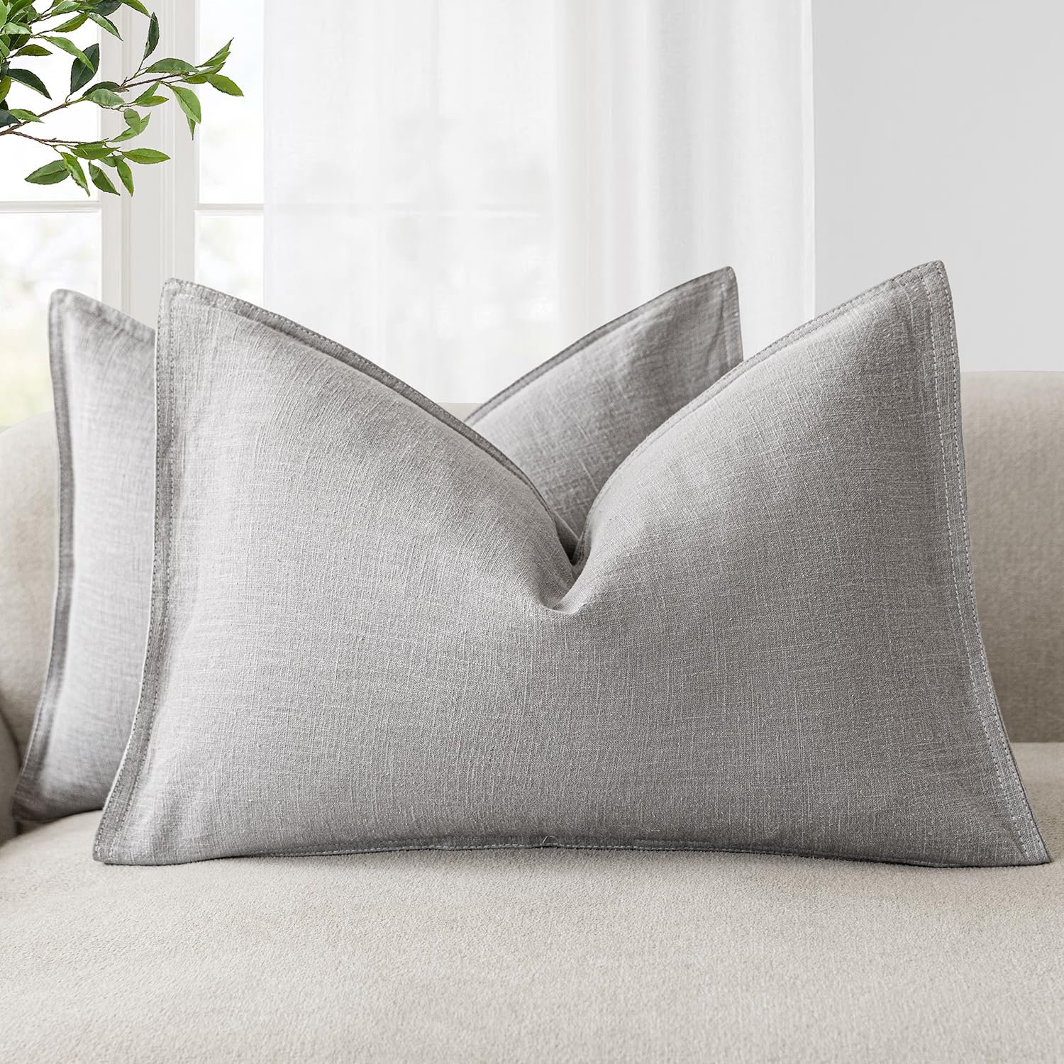 Foindtower Set of 2, Decorative Linen Soild Throw Pillow Covers Soft Accent Cushion Euro Case Boho Farmhouse Pillowcase for Chair Couch Sofa Bedroom Living Room Home Decor 20 x 20 Inch Natural Linen