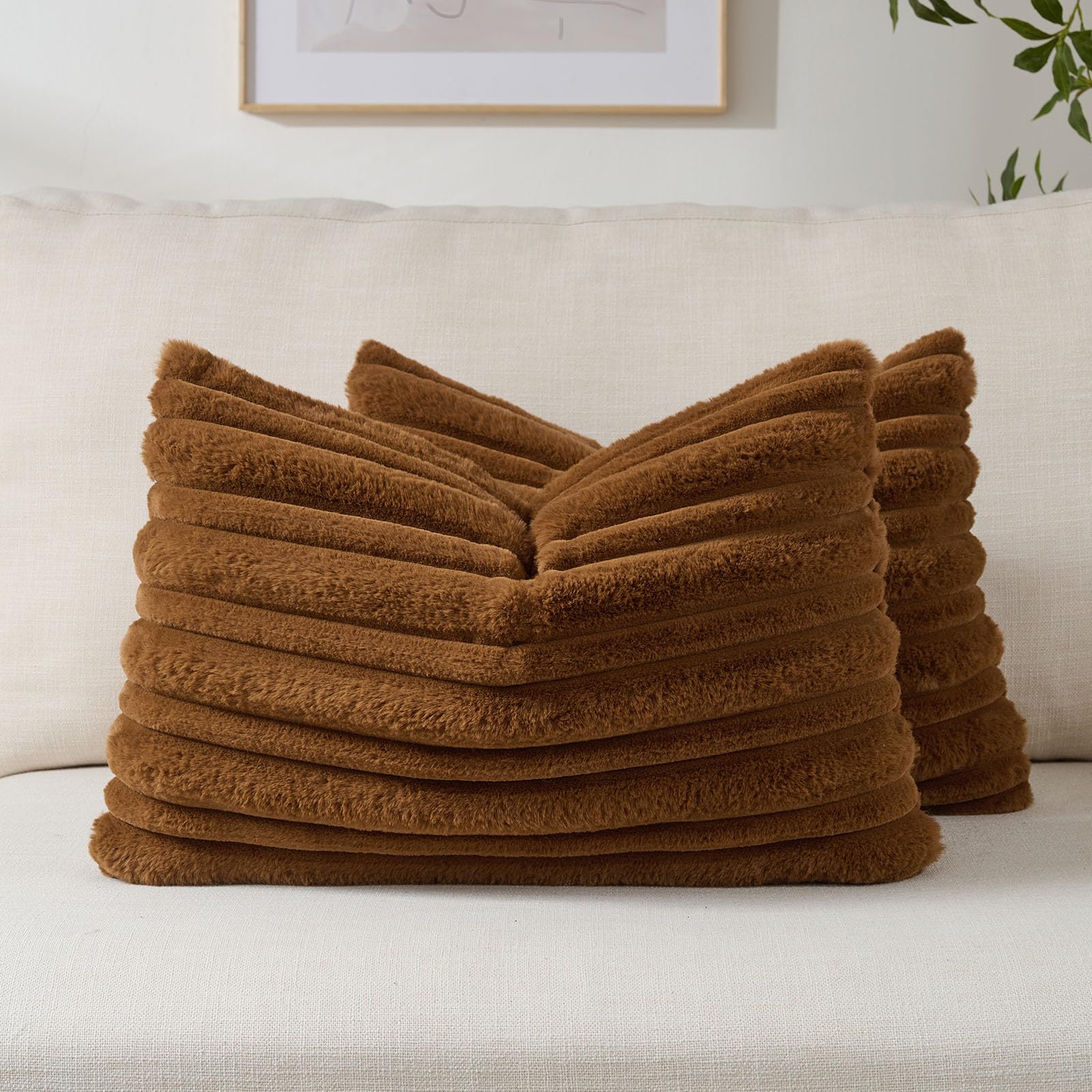 FUTEI Camel Decorative Throw Pillow Covers 18x18 Inch Set of 2,Soft Fluffy Faux Rabbit Fur Thick & Thin Striped Textured Cushion Case,Modern Home Decor for Couch Bed Living Room