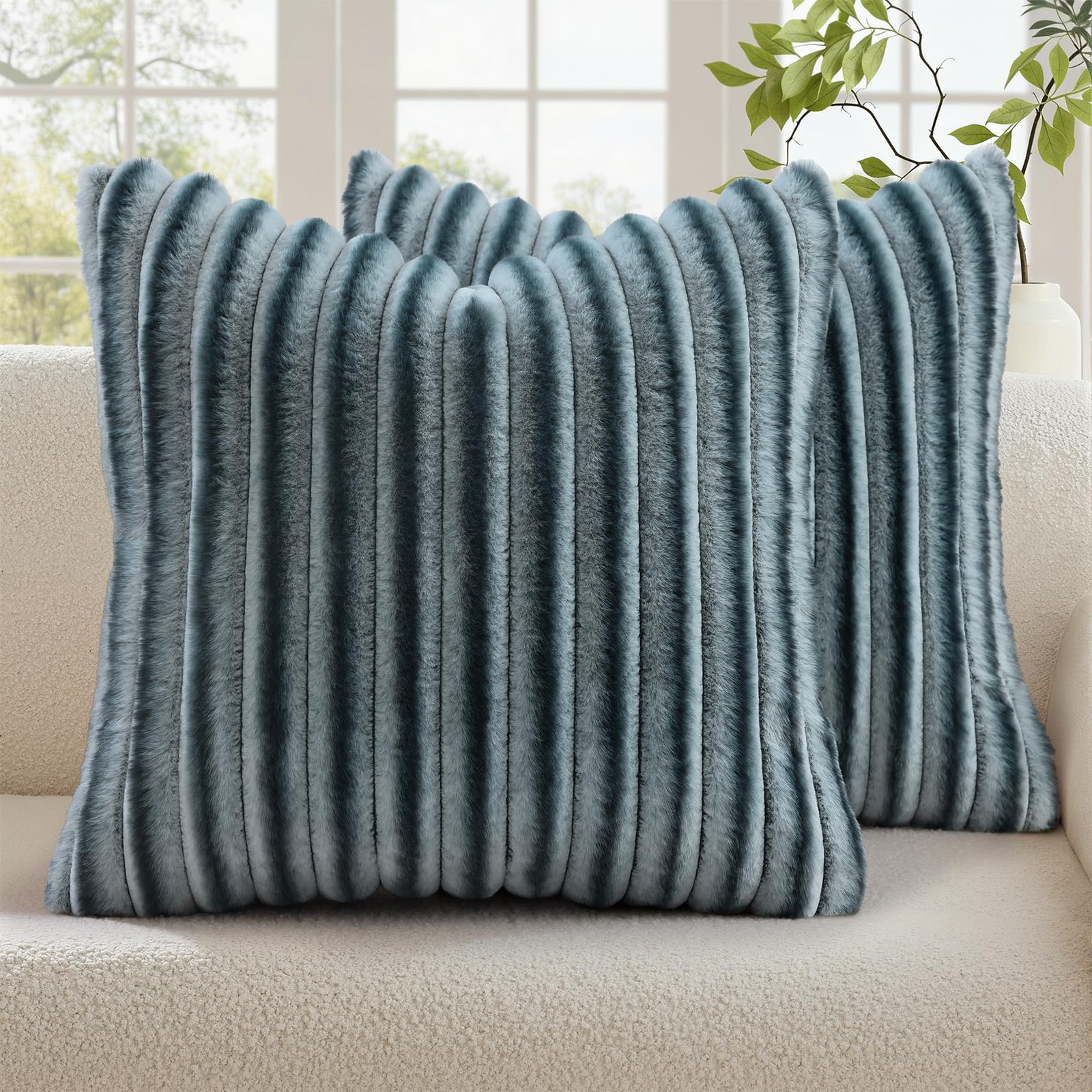 decorUhome Summer Cozy Faux Fur Throw Pillow Covers 18x18 Set of 2 Decorative Soft Plush Striped Modern Farmhouse Boho Couch Pillow Cases with Velvet Back for Sofa Bed Living Room, Cream White
