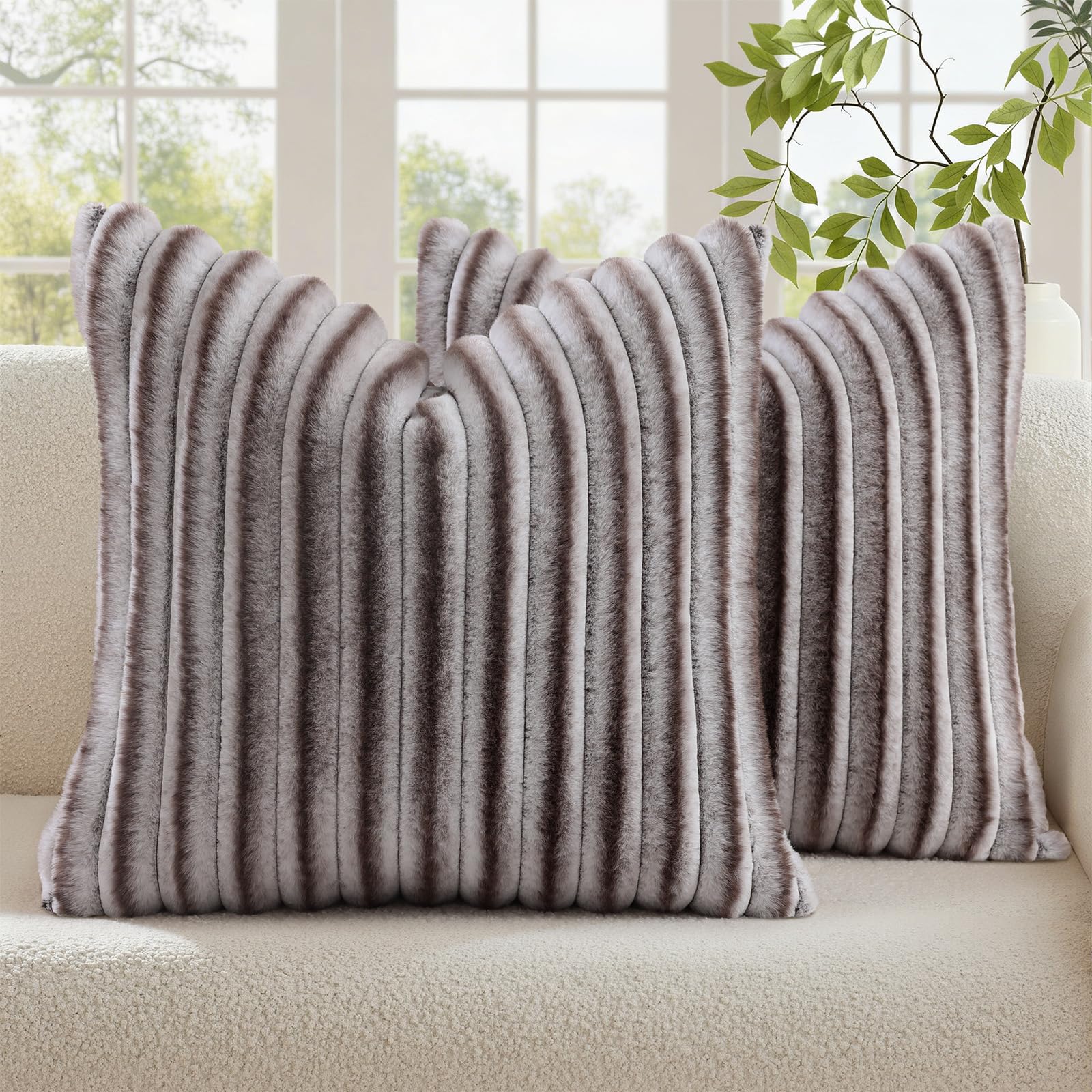 decorUhome Cozy Faux Fur Throw Pillow Covers 18x18 Set of 2 Decorative Soft Plush Striped Modern Farmhouse Boho Couch Pillow Cases with Velvet Back for Sofa Bed Living Room, Khaki Brown