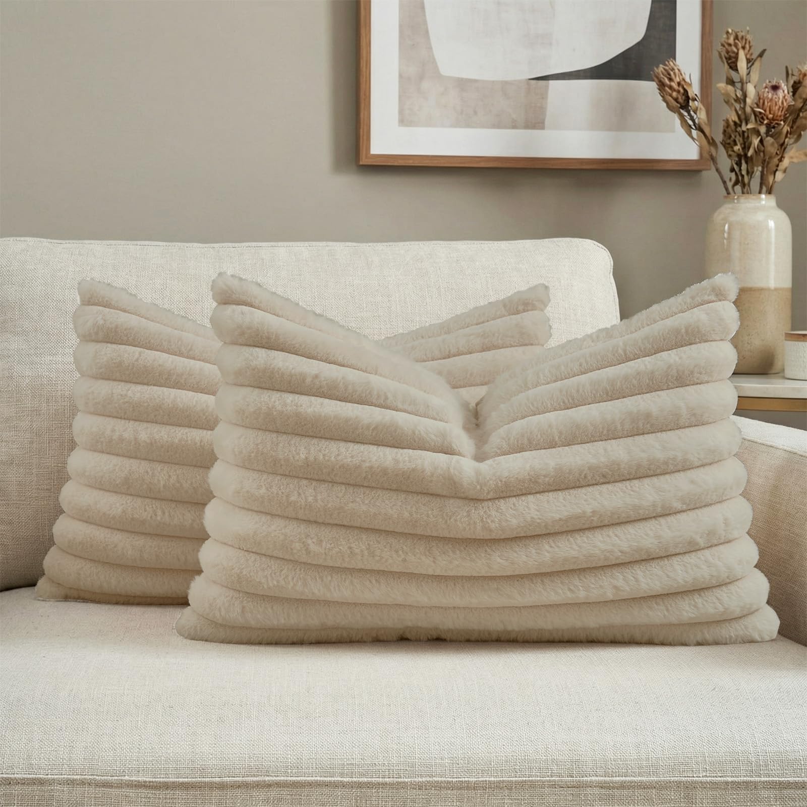FUTEI Pack of 2 Solid Faux Fur Plush Throw Pillow Covers 18x18 Inch Soft Fluffy Striped Decorative Cushion Cases Modern Farmhouse Accent for Couch Bed Living Room, Cream White