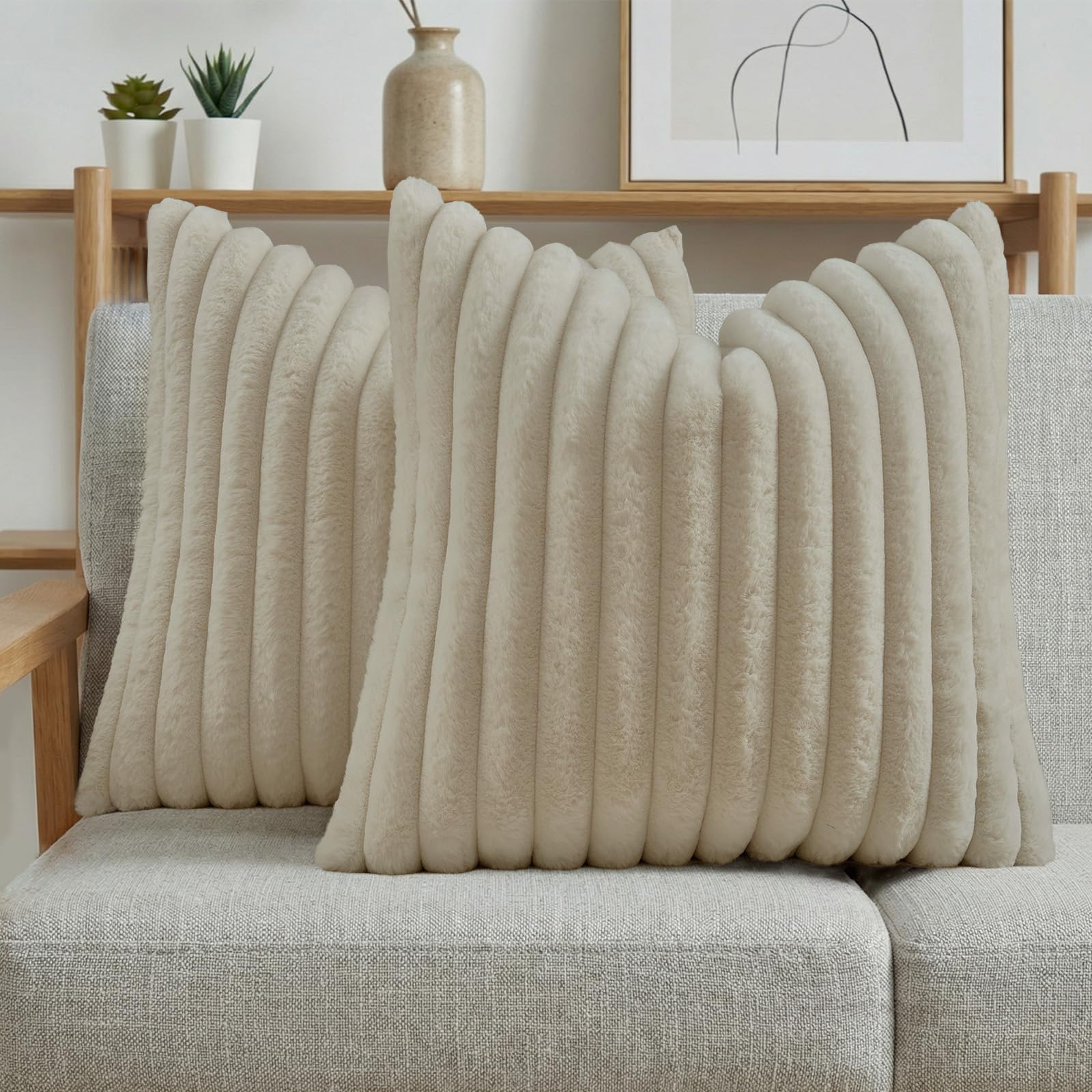 FUTEI Pack of 2 Solid Faux Fur Plush Throw Pillow Covers 18x18 Inch Soft Fluffy Striped Decorative Cushion Cases Modern Farmhouse Accent for Couch Bed Living Room, Cream White
