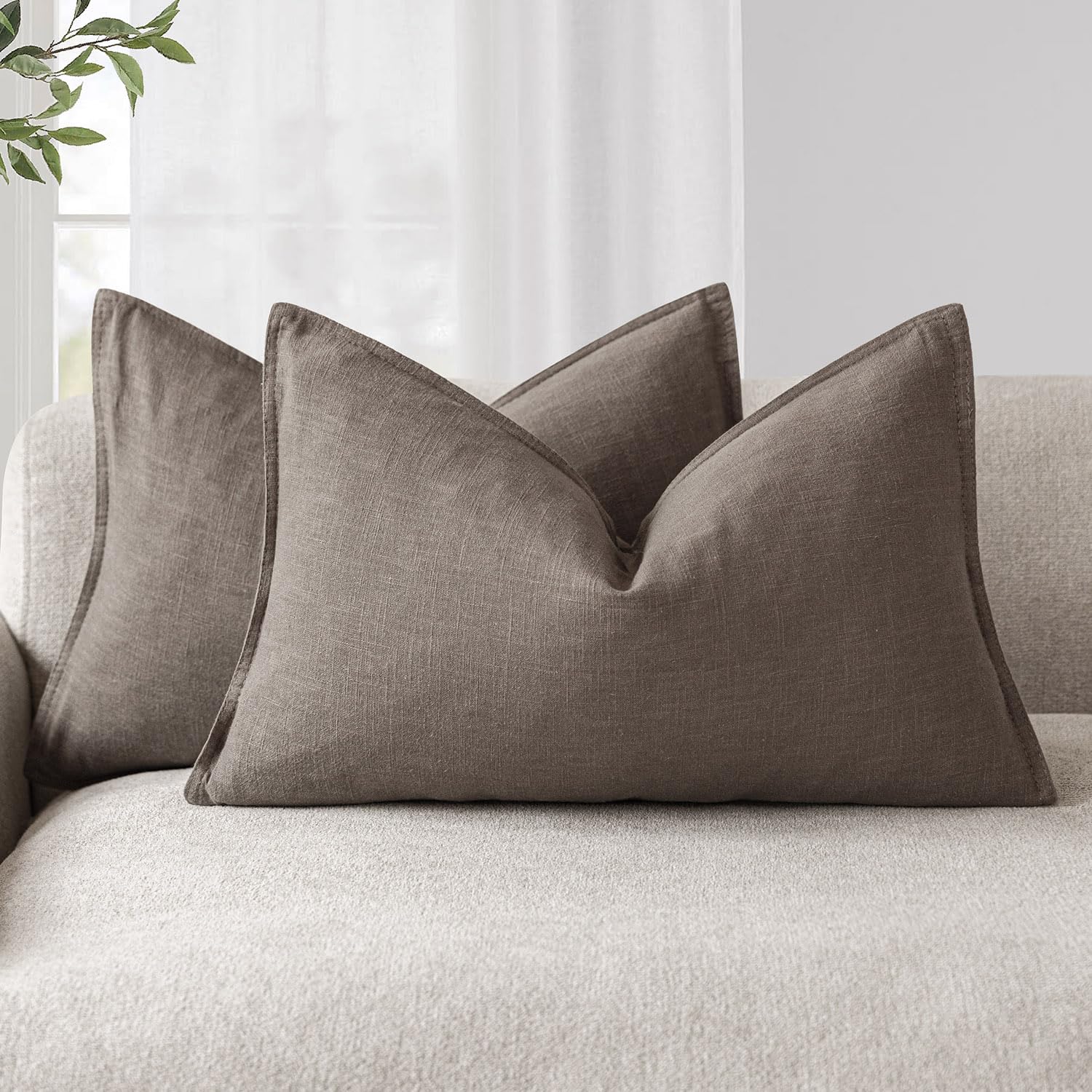 Foindtower Set of 2, Decorative Linen Soild Throw Pillow Covers Soft Accent Cushion Euro Case Boho Farmhouse Pillowcase for Chair Couch Sofa Bedroom Living Room Home Decor 20 x 20 Inch Natural Linen
