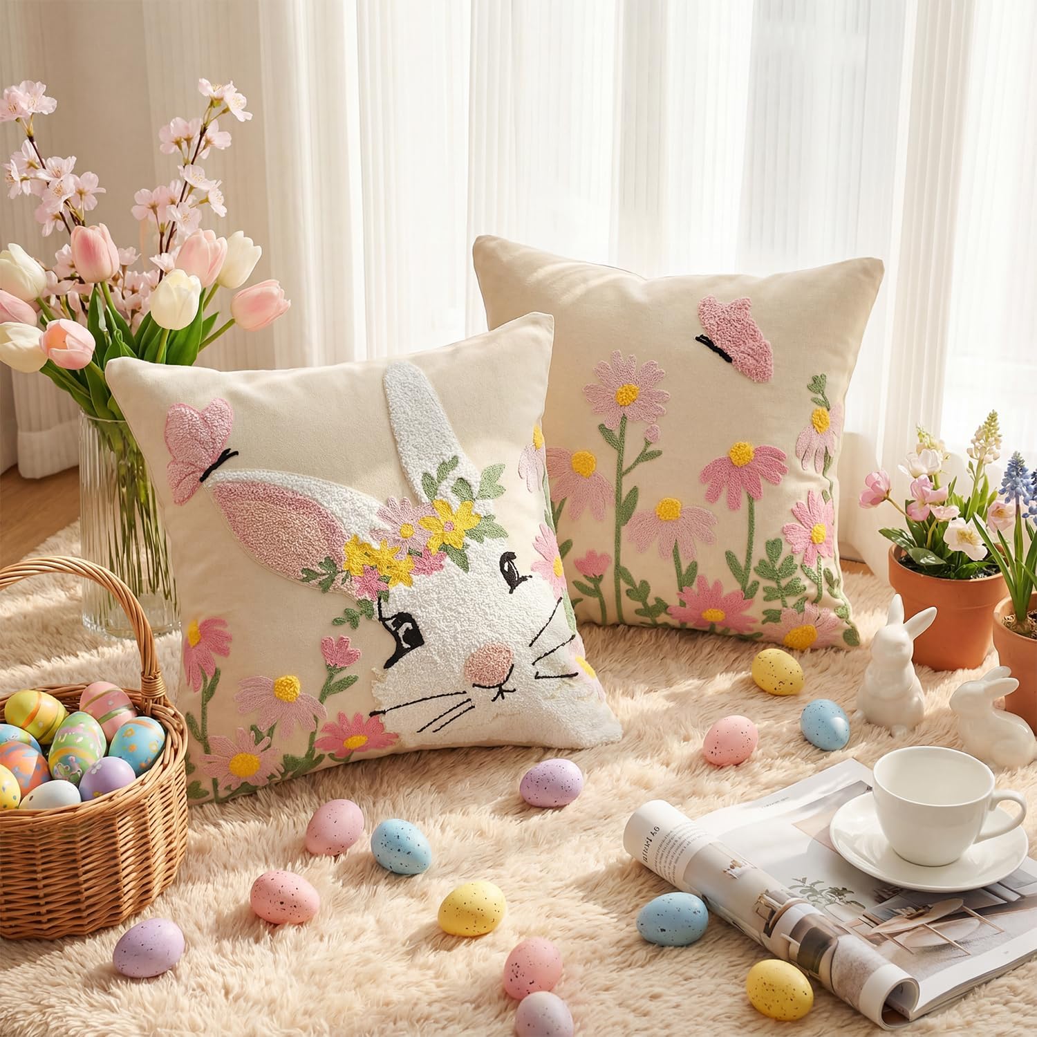 AVOIN colorlife Easter Spring Rabbit Floral Embroidered Throw Pillow Covers, 18 x 18 Inch Butterfly Flowers Tufted Patterned Linen Decoration Cushion Case for Sofa Couch Set of 2