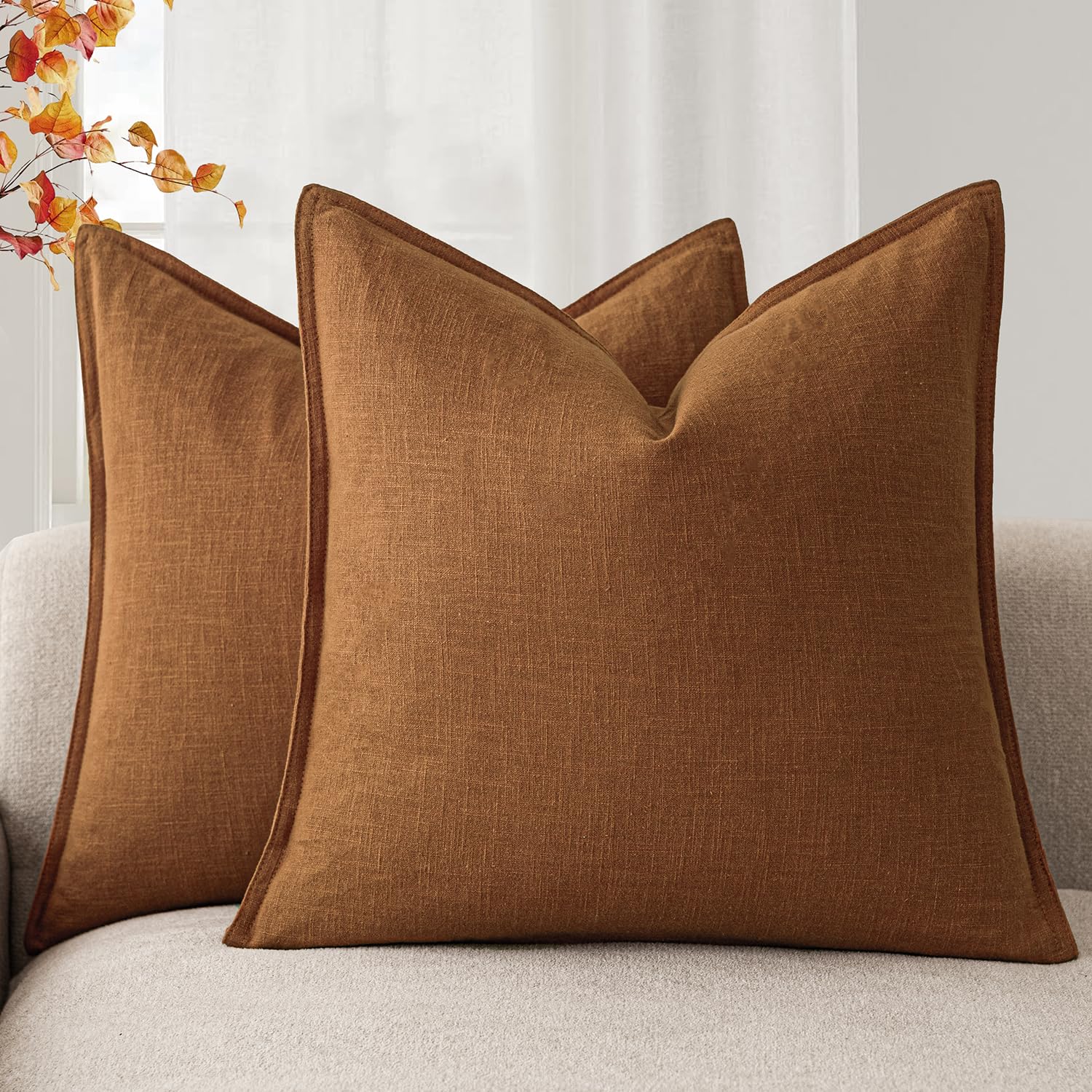 Foindtower Set of 2, Decorative Linen Soild Throw Pillow Covers Soft Accent Cushion Euro Case Boho Farmhouse Pillowcase for Chair Couch Sofa Bedroom Living Room Home Decor 20 x 20 Inch Natural Linen