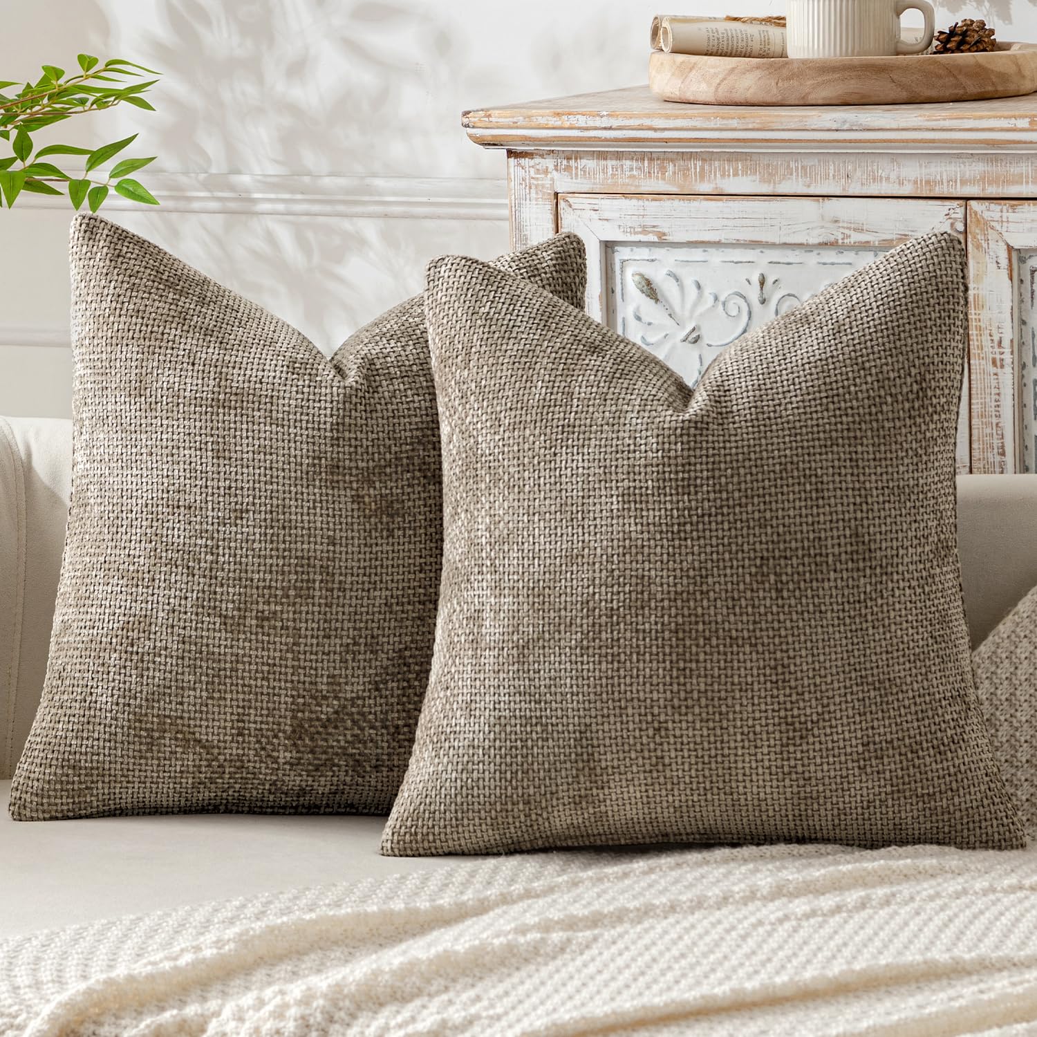 MIULEE Pack of 2 Couch Throw Pillow Covers 18x18 Inch Neutral Beige Modern Boho Accent Decorative Pillow Covers Soft Chenille Farmhouse Cushion Covers for Home Decor Bed Sofa Living Room