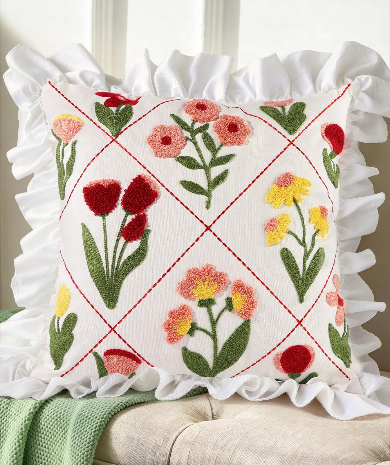 Embroidered Throw Pillow Cover - 18x18 Decorative Pillow Cover with Zipper Aesthetic Cute Design Boho Spring Summer Throw Pillowcase for Living Room Couch Sofa Bed, Flower Cats