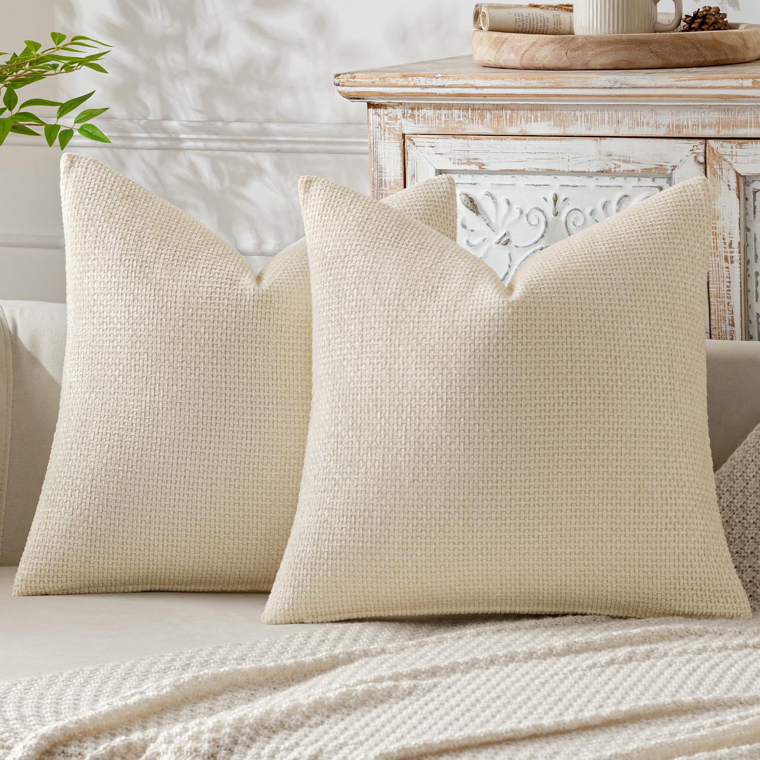 MIULEE Pack of 2 Couch Throw Pillow Covers 18x18 Inch Neutral Beige Modern Boho Accent Decorative Pillow Covers Soft Chenille Farmhouse Cushion Covers for Home Decor Bed Sofa Living Room