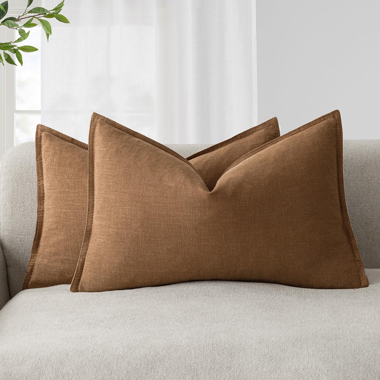 Foindtower Set of 2, Decorative Linen Soild Throw Pillow Covers Soft Accent Cushion Euro Case Boho Farmhouse Pillowcase for Chair Couch Sofa Bedroom Living Room Home Decor 20 x 20 Inch Natural Linen