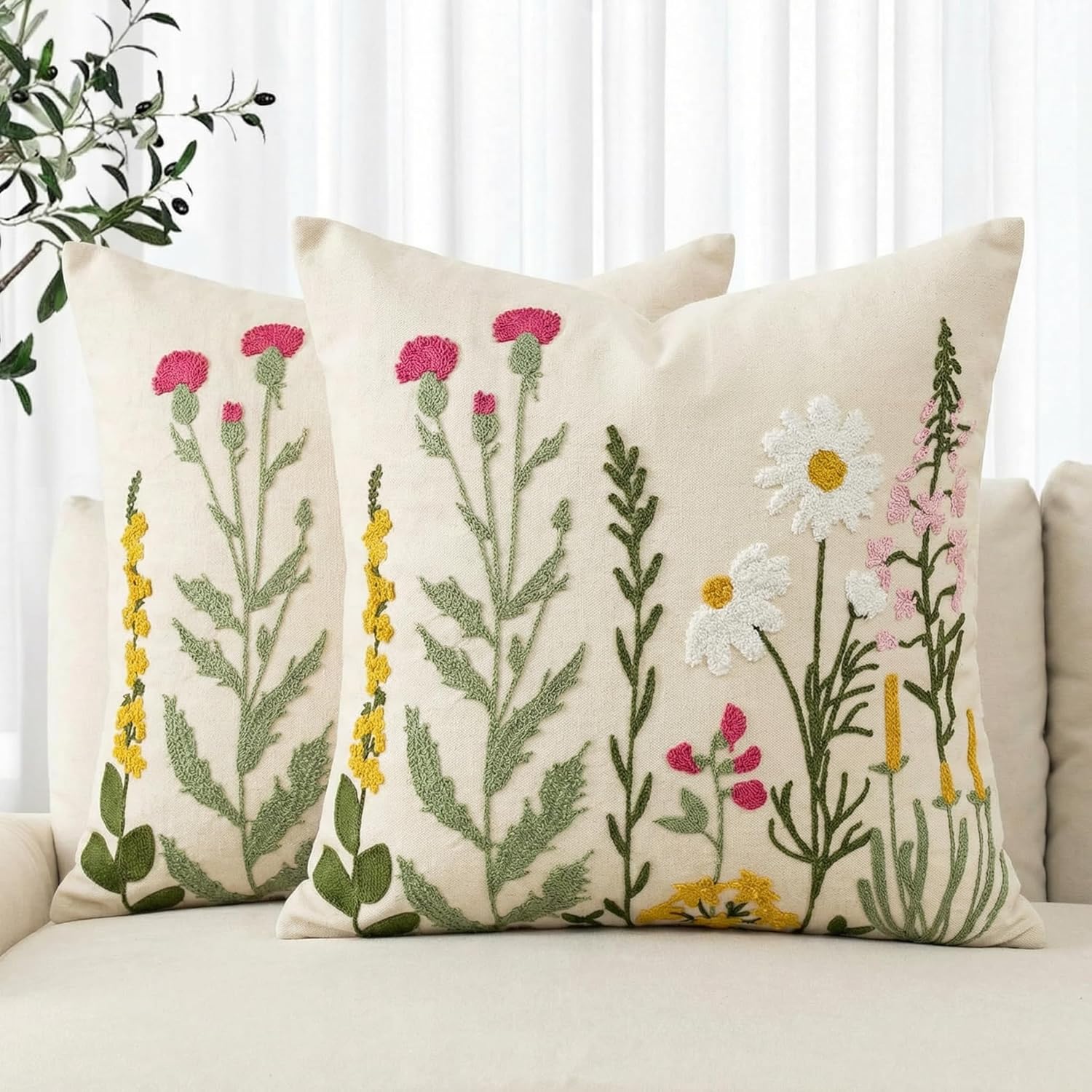 AVOIN colorlife Spring Summer Floral Daisy Embroidered Throw Pillow Covers, 18 x 18 Inch Beige Colorful Flowers Decorative Tufted Patterned Linen Cushion Case for Sofa Couch Set of 2