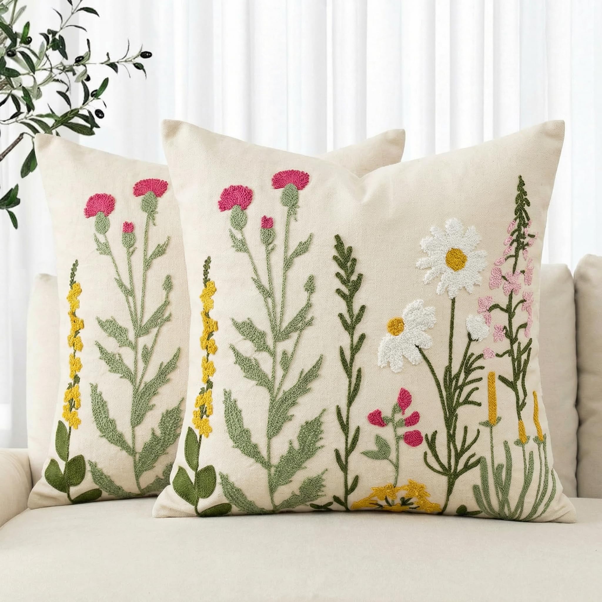 AVOIN colorlife Spring Summer Floral Daisy Embroidered Throw Pillow Covers, 18 x 18 Inch Beige Colorful Flowers Decorative Tufted Patterned Linen Cushion Case for Sofa Couch Set of 2