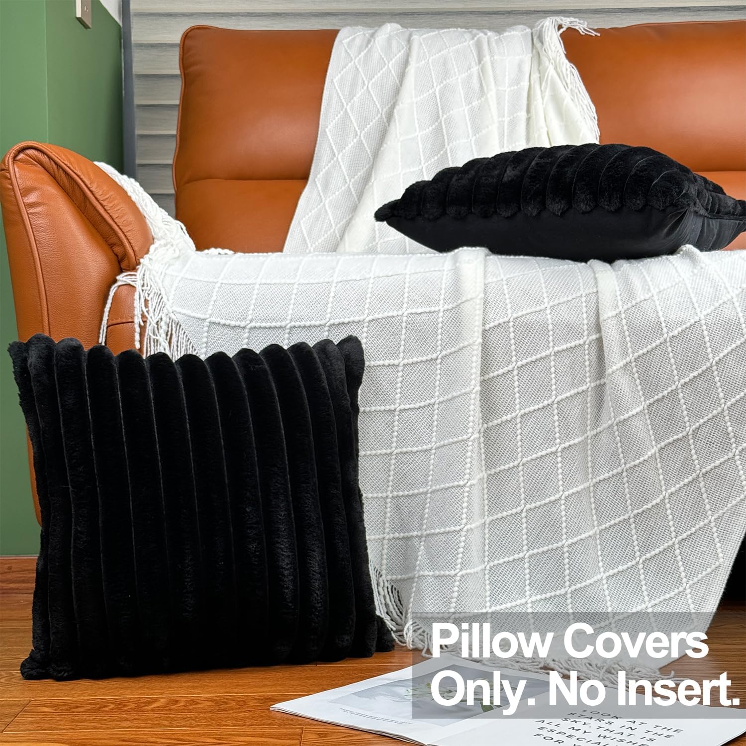 18x18 Throw Pillow Covers Set of 2, Decorative Faux Fur Covers for Bed, Couch Soft Fluffy Pillow Cover with Velvet Back for Living Room, Neutral Home Décor Accent for Sofa - Black