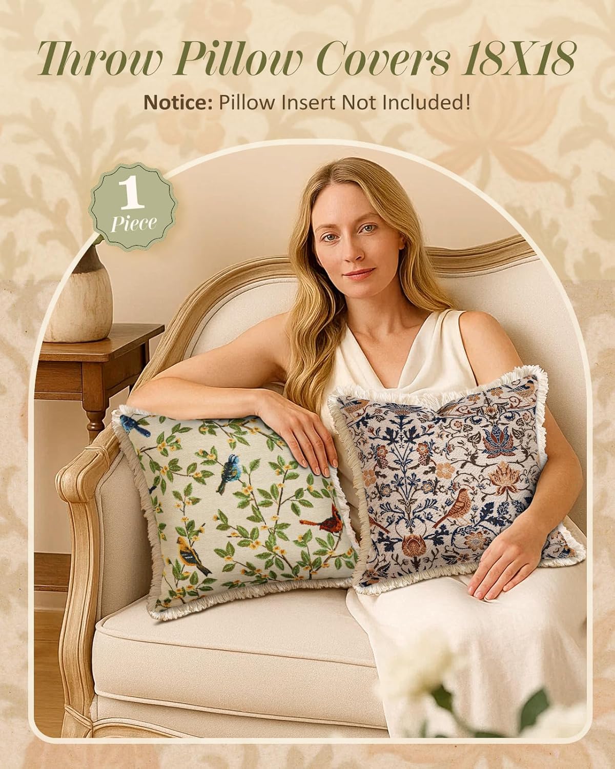 Decorative Throw Pillow Cover 18x18 - Vintage Pillowcovers with Fringe Bird Flower Cute Embroidered Pillow Case with Zipper for Living Room Couch Sofa Bed Rustic Boho Design Abstract