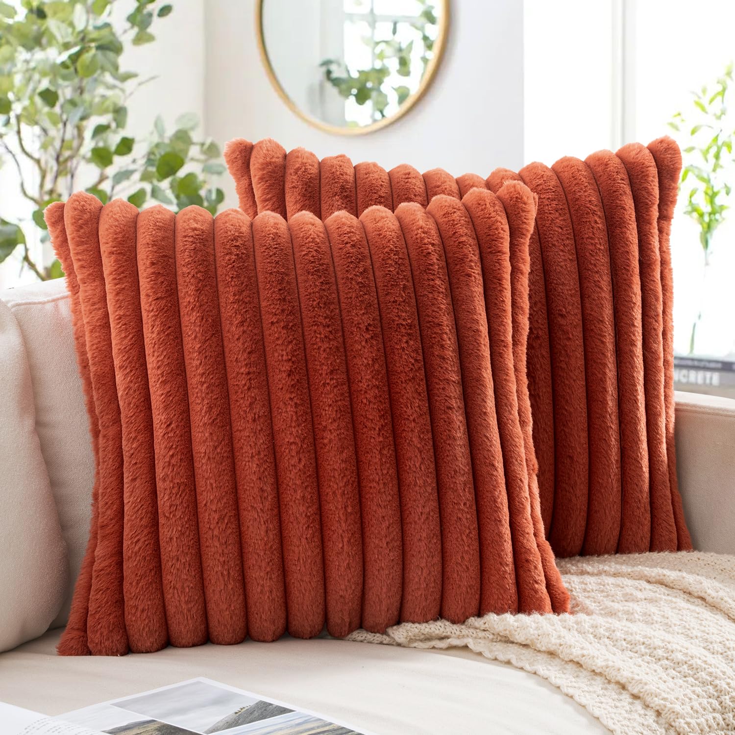 MIULEE Faux Fur Decorative Throw Pillow Covers 18x18 Inch Set of 2, Modern Spring Home Decor Soft Plush Couch Pillows Cozy Fluffy Cushion Covers for Sofa Bed Beige