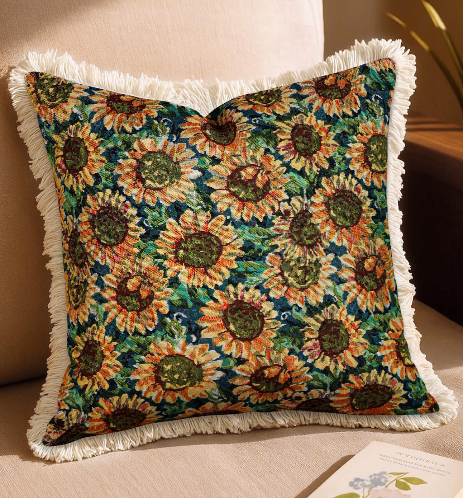 Decorative Throw Pillow Cover 18x18 - Vintage Pillowcovers with Fringe Bird Flower Cute Embroidered Pillow Case with Zipper for Living Room Couch Sofa Bed Rustic Boho Design Abstract