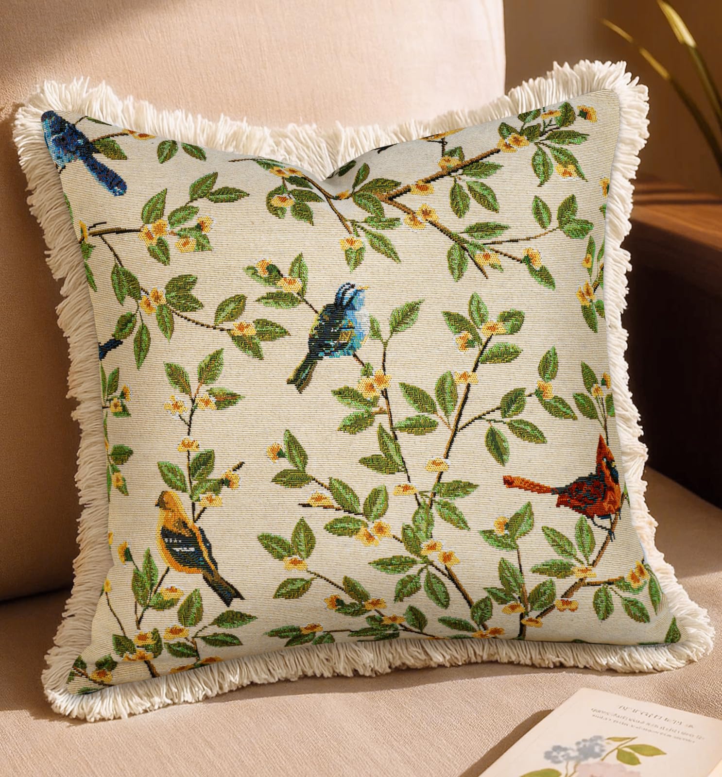 Decorative Throw Pillow Cover 18x18 - Vintage Pillowcovers with Fringe Bird Flower Cute Embroidered Pillow Case with Zipper for Living Room Couch Sofa Bed Rustic Boho Design Abstract