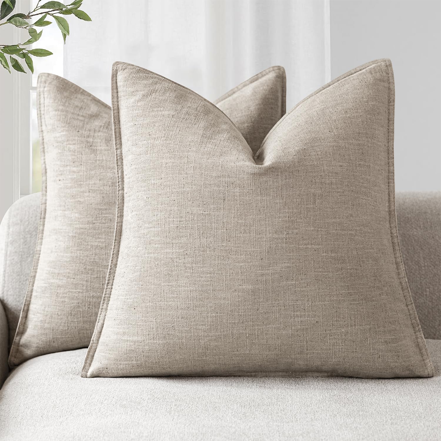 Foindtower Set of 2, Decorative Linen Soild Throw Pillow Covers Soft Accent Cushion Euro Case Boho Farmhouse Pillowcase for Chair Couch Sofa Bedroom Living Room Home Decor 20 x 20 Inch Natural Linen