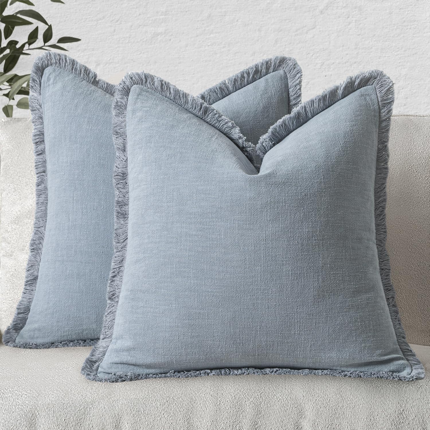 MIULEE Decorative Throw Pillow Covers Neutral Linen Fringe Throw Pillows Set of 2 Natural Beige Boho Farmhouse Cushion Covers with Tassels for Couch Sofa Bed Spring Home Decor 20x20 Inch