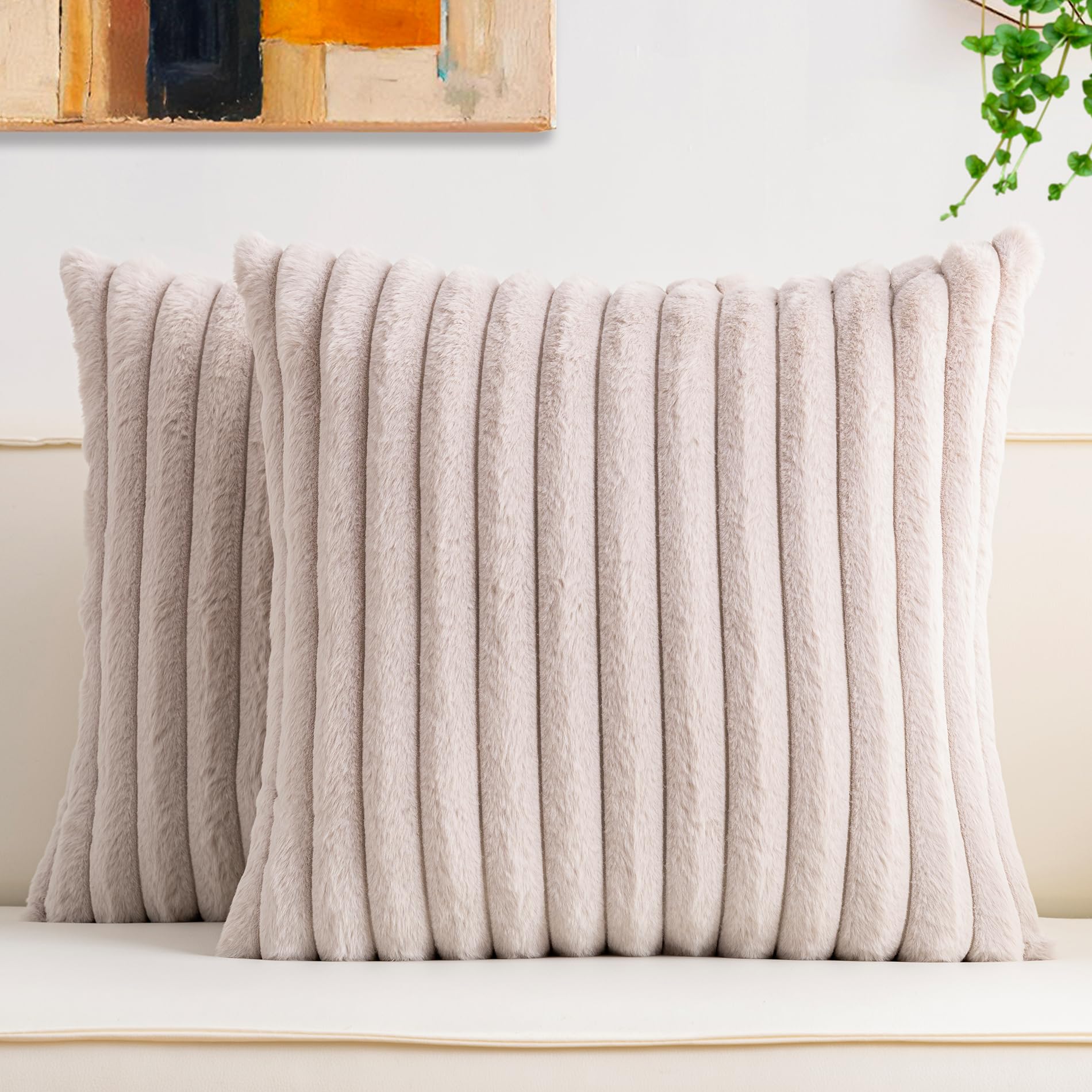 Aegero Pack of 2 Faux Fur Christmas Throw Pillow Covers 18x18 Inch, Soft Plush Striped Neutral Couch Pillow Cover, with Velvet Back Modern Home Decor for Sofa Living Room Couch Bed Cream White