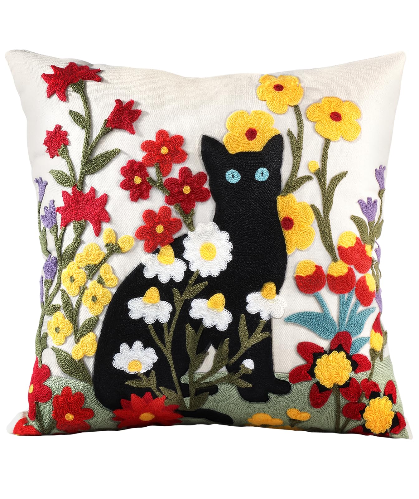 Embroidered Throw Pillow Cover - 18x18 Decorative Pillow Cover with Zipper Aesthetic Cute Design Boho Spring Summer Throw Pillowcase for Living Room Couch Sofa Bed, Flower Cats