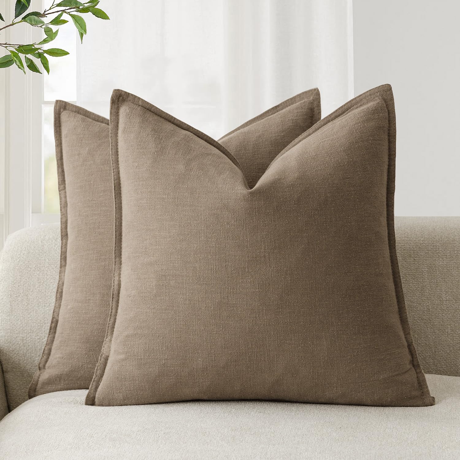 Foindtower Set of 2, Decorative Linen Soild Throw Pillow Covers Soft Accent Cushion Euro Case Boho Farmhouse Pillowcase for Chair Couch Sofa Bedroom Living Room Home Decor 20 x 20 Inch Natural Linen