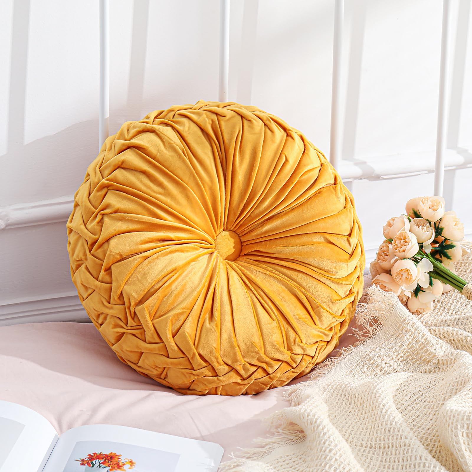 Drydiet 1 Pcs Round Throw Velvet Pillows Decorative Pleated Throw Pillows 15'' Diameter Accent Pumpkin Boho Chair Cushion for Couch Sofa Home Decoration (Olive Green)