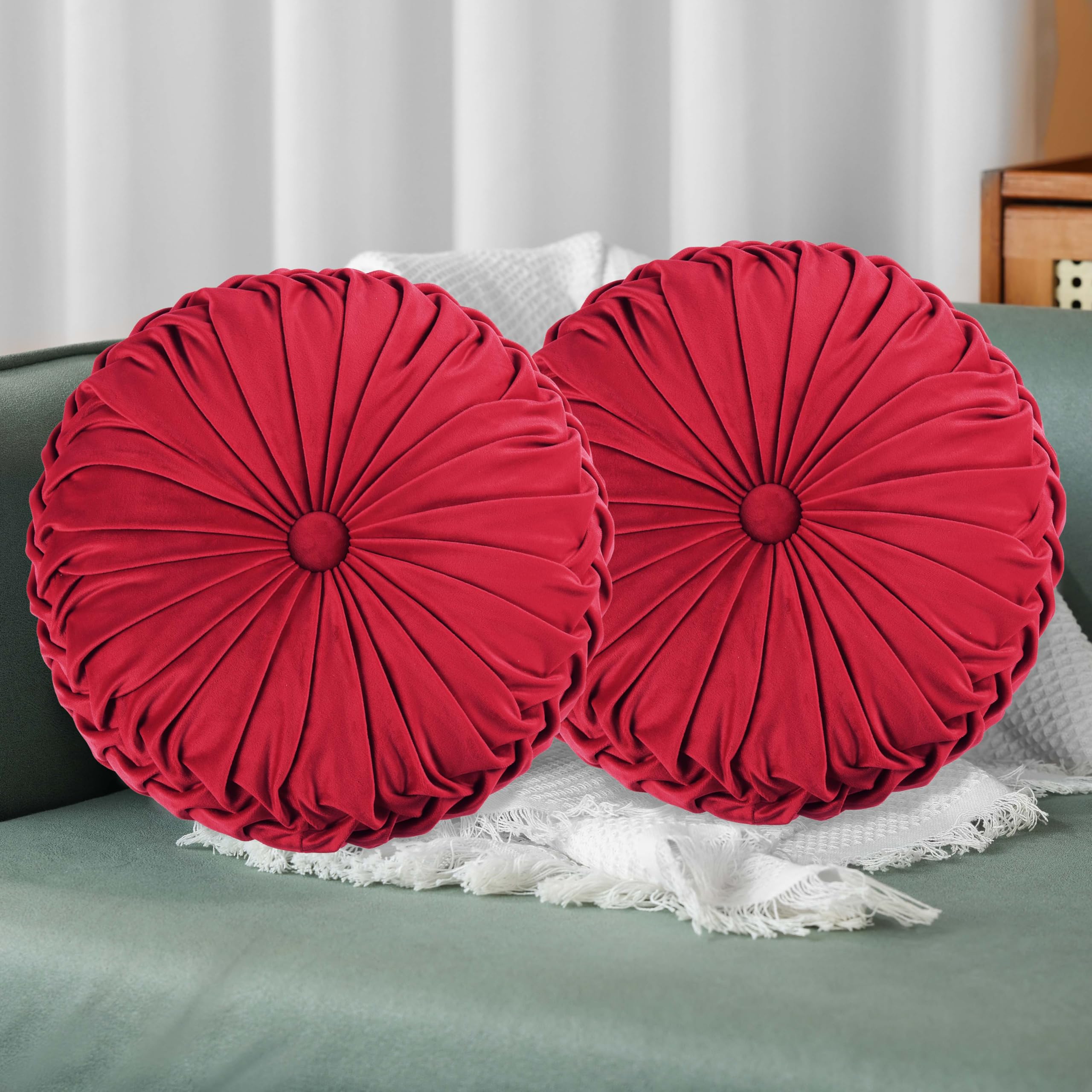 HIG Set of 2 Yellow Ruched Velvet Round Throw Pillows – 14.5’’ Decorative Pillows with Soft Polyester Filling for Couch, Bed, Living Room, Bedroom, or Dorm – Handmade, Stress Relieving, All-Season