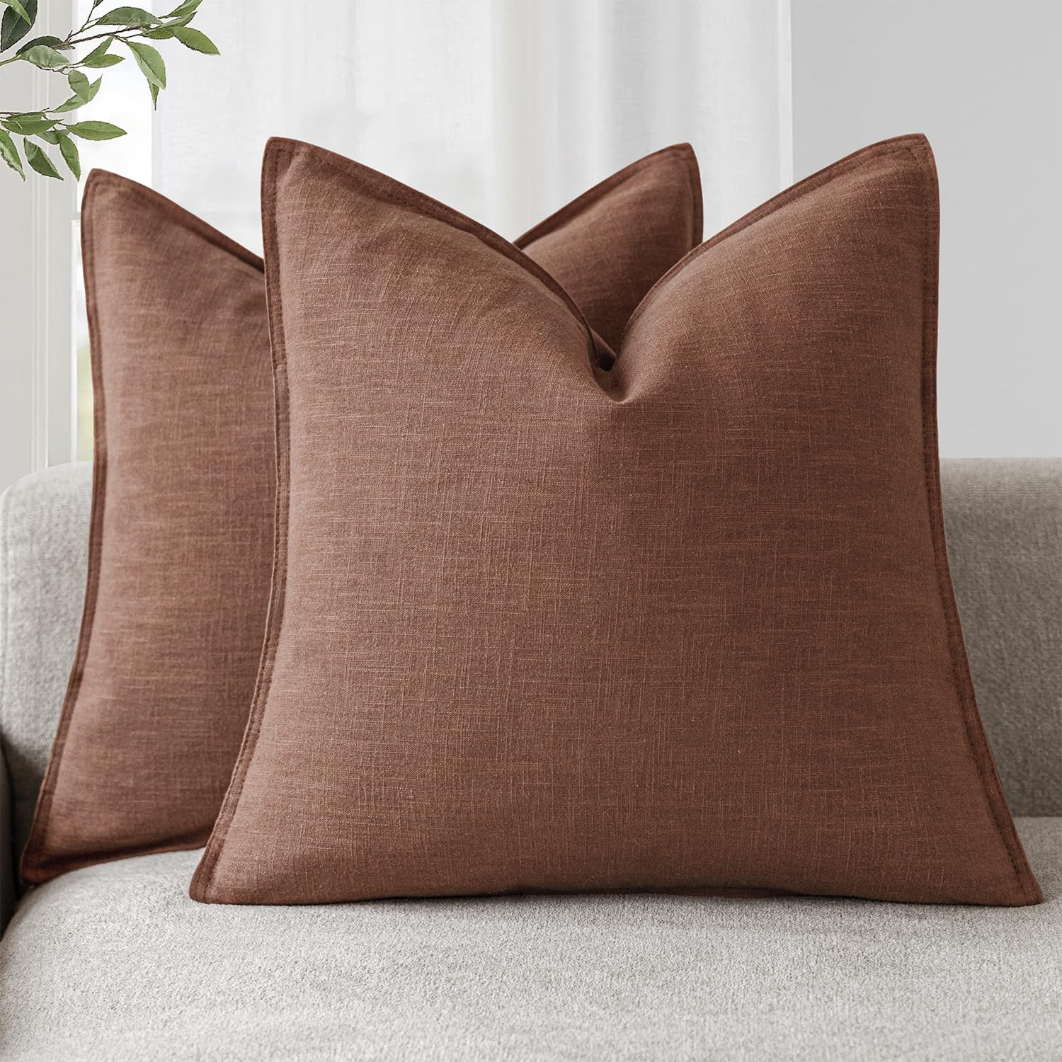 Foindtower Set of 2, Decorative Linen Soild Throw Pillow Covers Soft Accent Cushion Euro Case Boho Farmhouse Pillowcase for Chair Couch Sofa Bedroom Living Room Home Decor 20 x 20 Inch Natural Linen