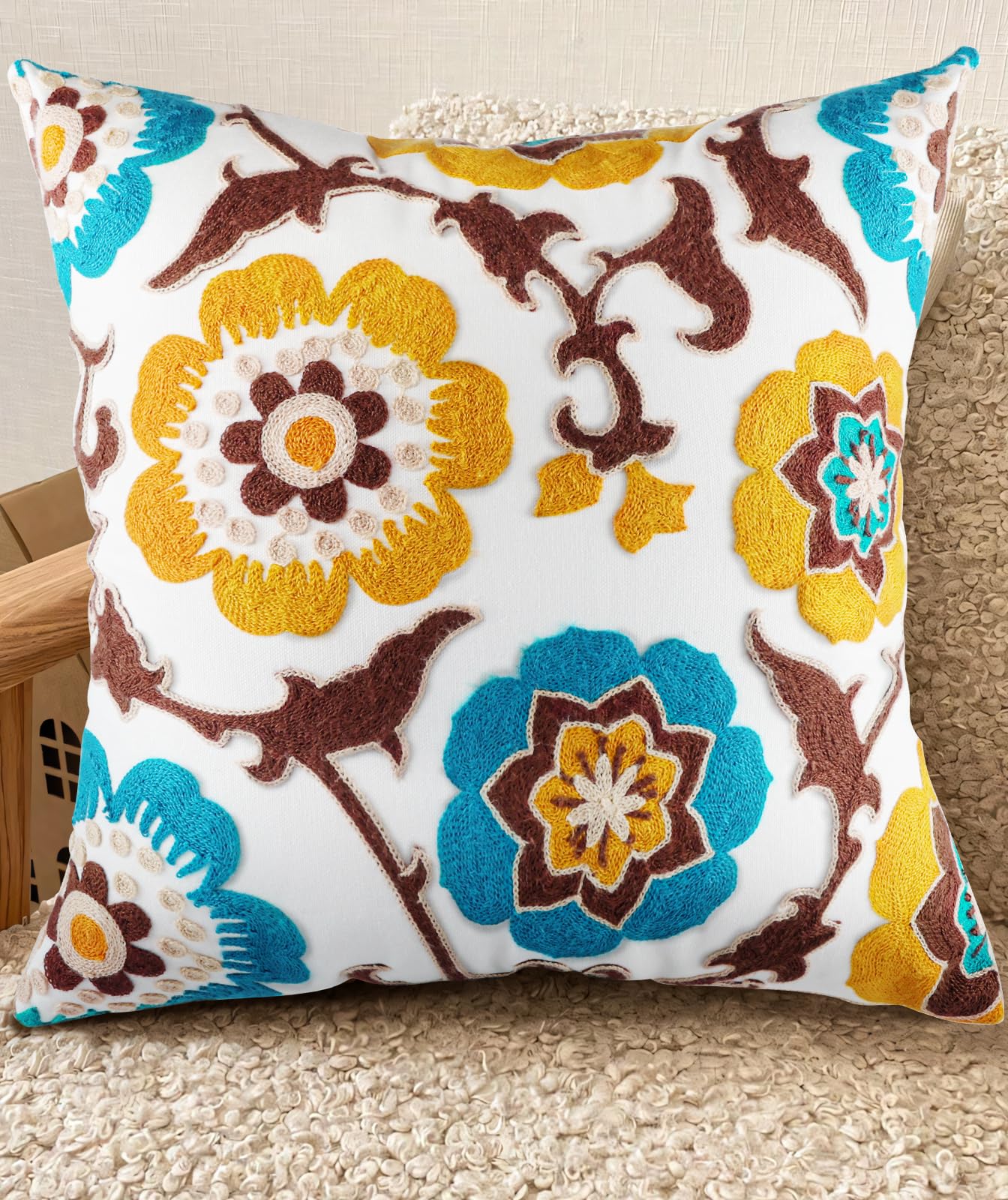 Embroidered Throw Pillow Cover - 18x18 Decorative Pillow Cover with Zipper Aesthetic Cute Design Boho Spring Summer Cozy Throw Pillowcase for Living Room Couch Sofa Bed, Plants