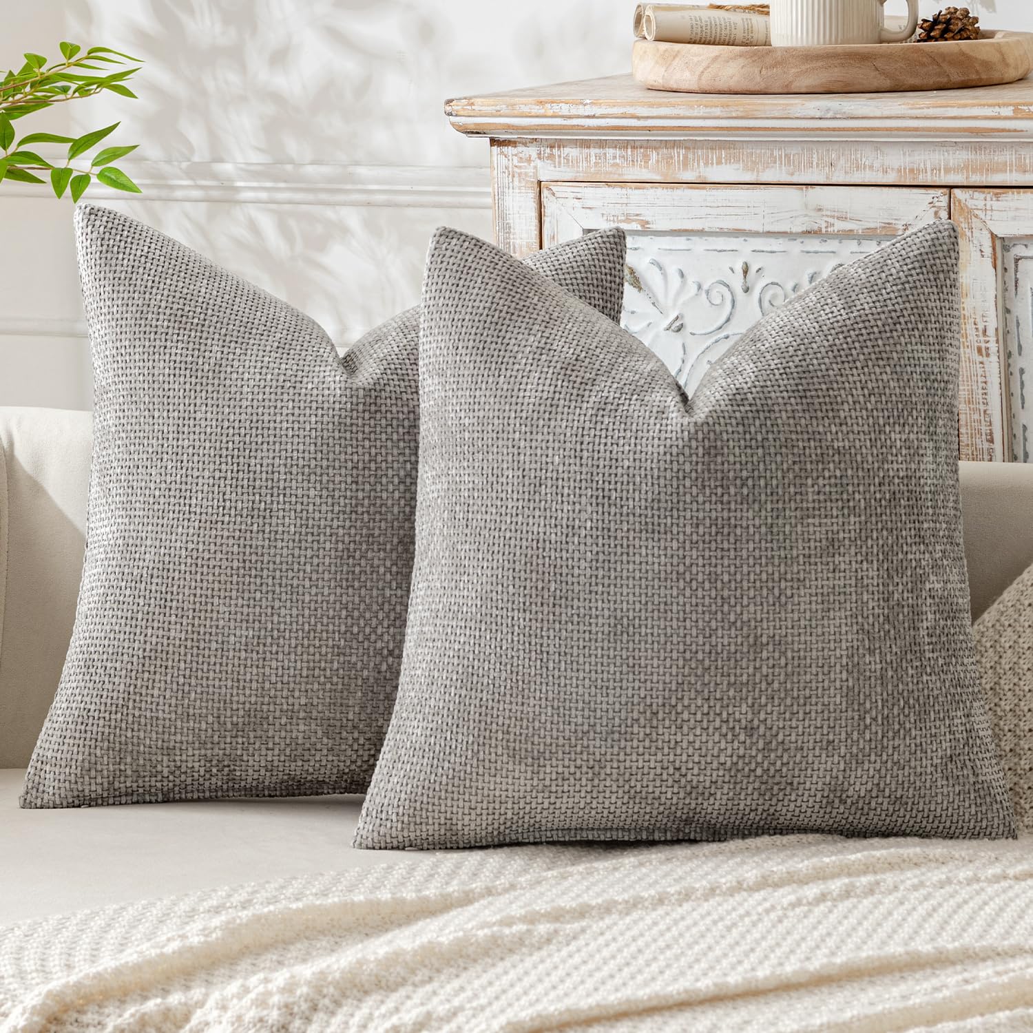 MIULEE Pack of 2 Couch Throw Pillow Covers 18x18 Inch Neutral Beige Modern Boho Accent Decorative Pillow Covers Soft Chenille Farmhouse Cushion Covers for Home Decor Bed Sofa Living Room