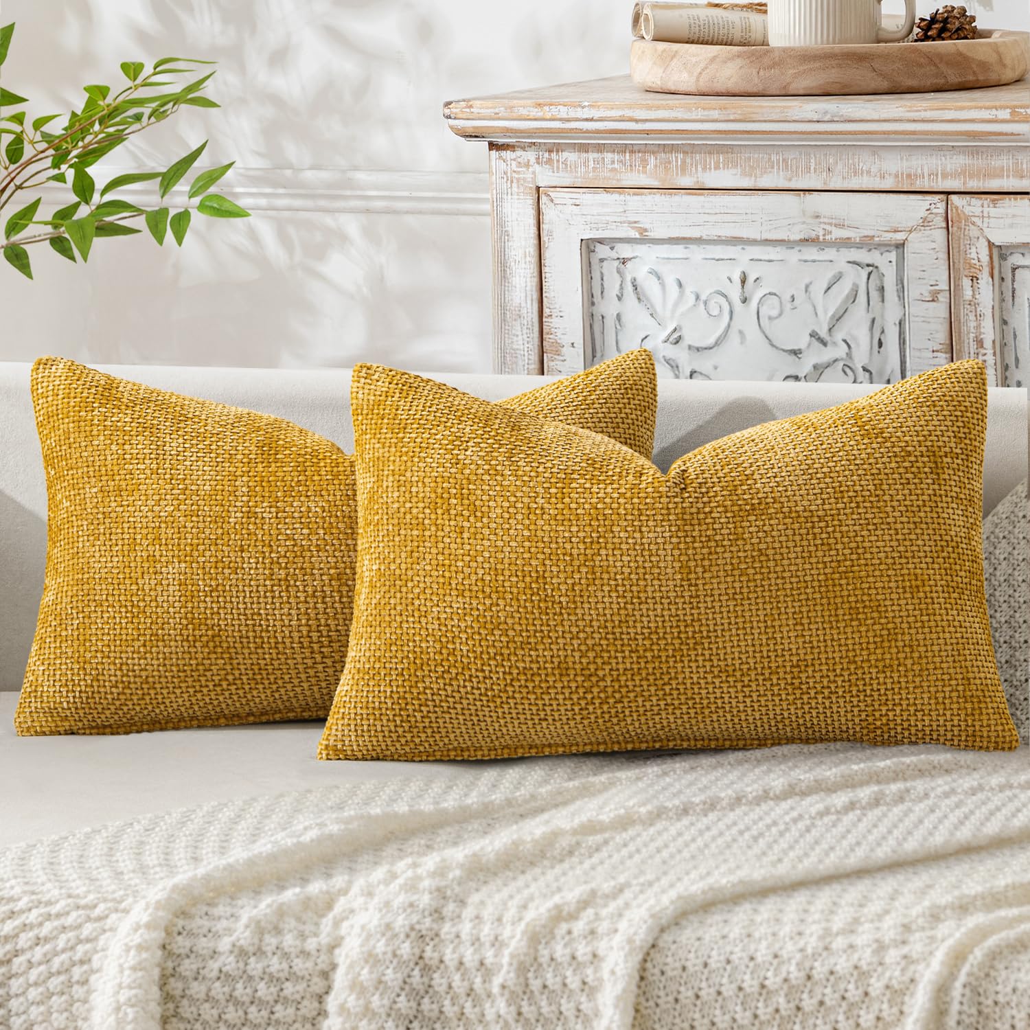 MIULEE Pack of 2 Couch Throw Pillow Covers 18x18 Inch Neutral Beige Modern Boho Accent Decorative Pillow Covers Soft Chenille Farmhouse Cushion Covers for Home Decor Bed Sofa Living Room
